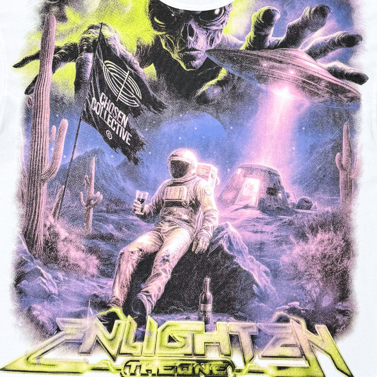 CHOSEN Spaceman Tee in white with futuristic spaceman graphic and classic short sleeve fit