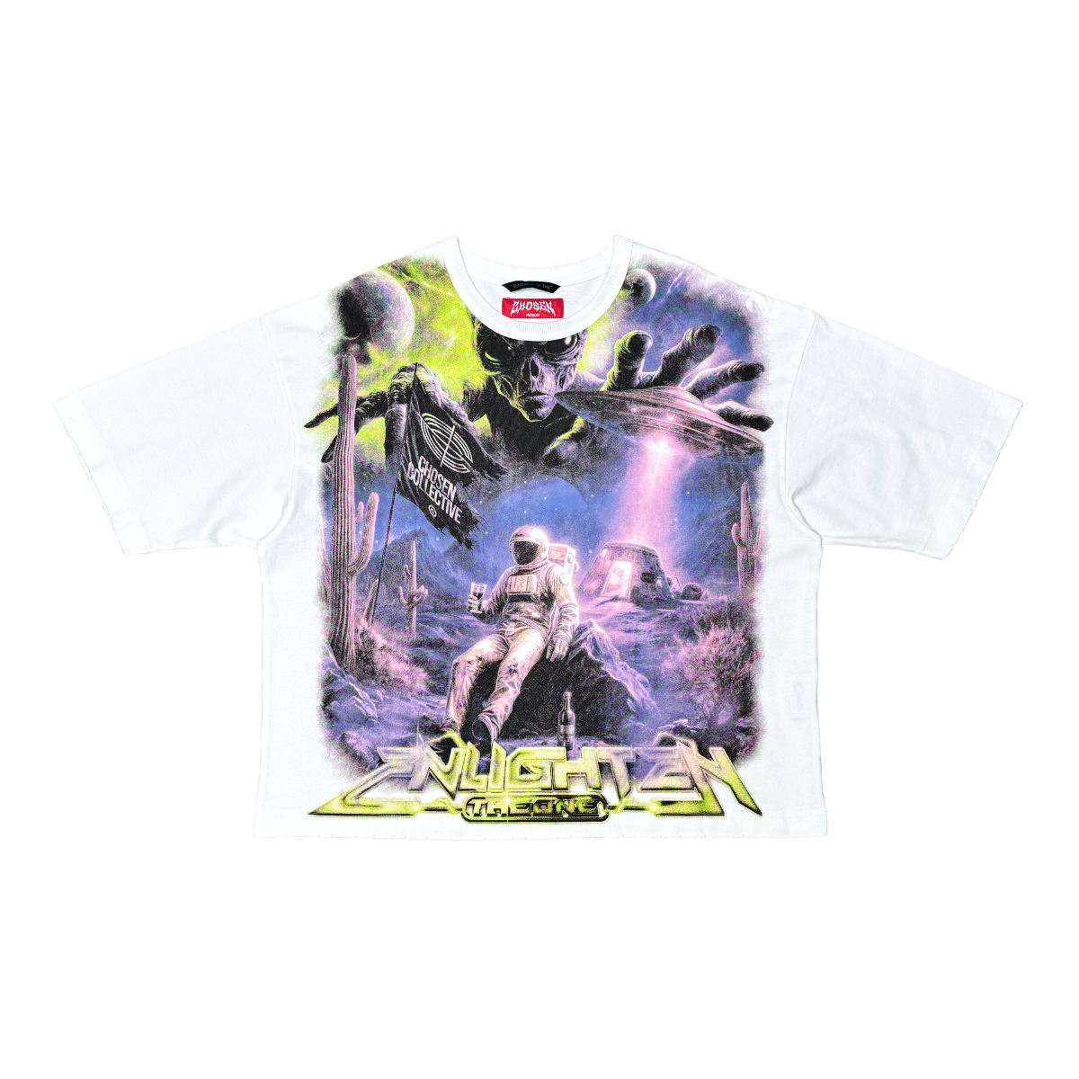 CHOSEN Spaceman Tee in white with futuristic spaceman graphic and classic short sleeve fit