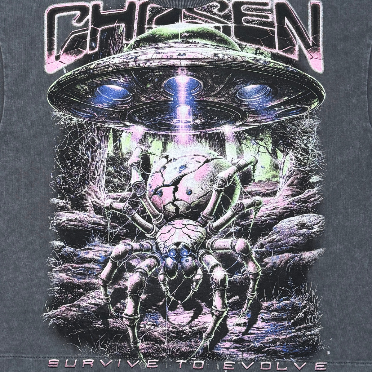 CHOSEN Cyber Spider Tee in nine iron with bold futuristic spider graphic and classic short sleeve fit