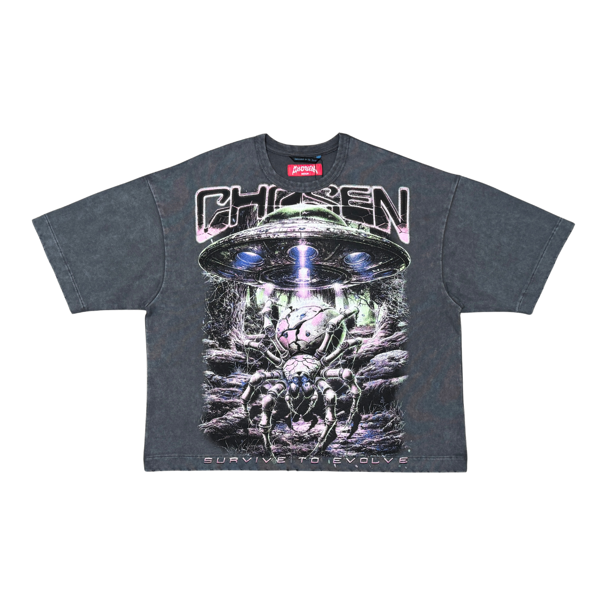 CHOSEN Cyber Spider Tee in nine iron with bold futuristic spider graphic and classic short sleeve fit