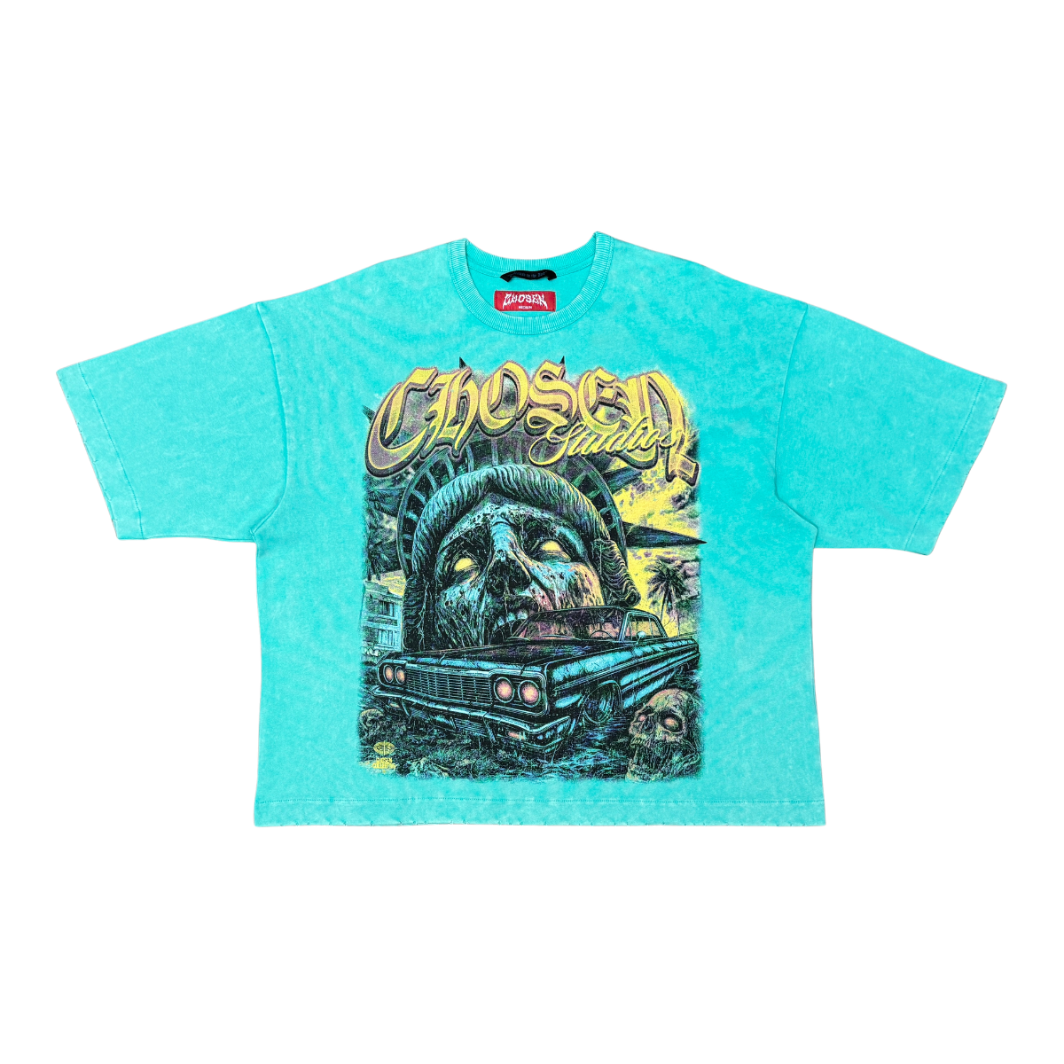CHOSEN Doomsday Tee in turquoise with bold graphic design and classic short sleeve fit
