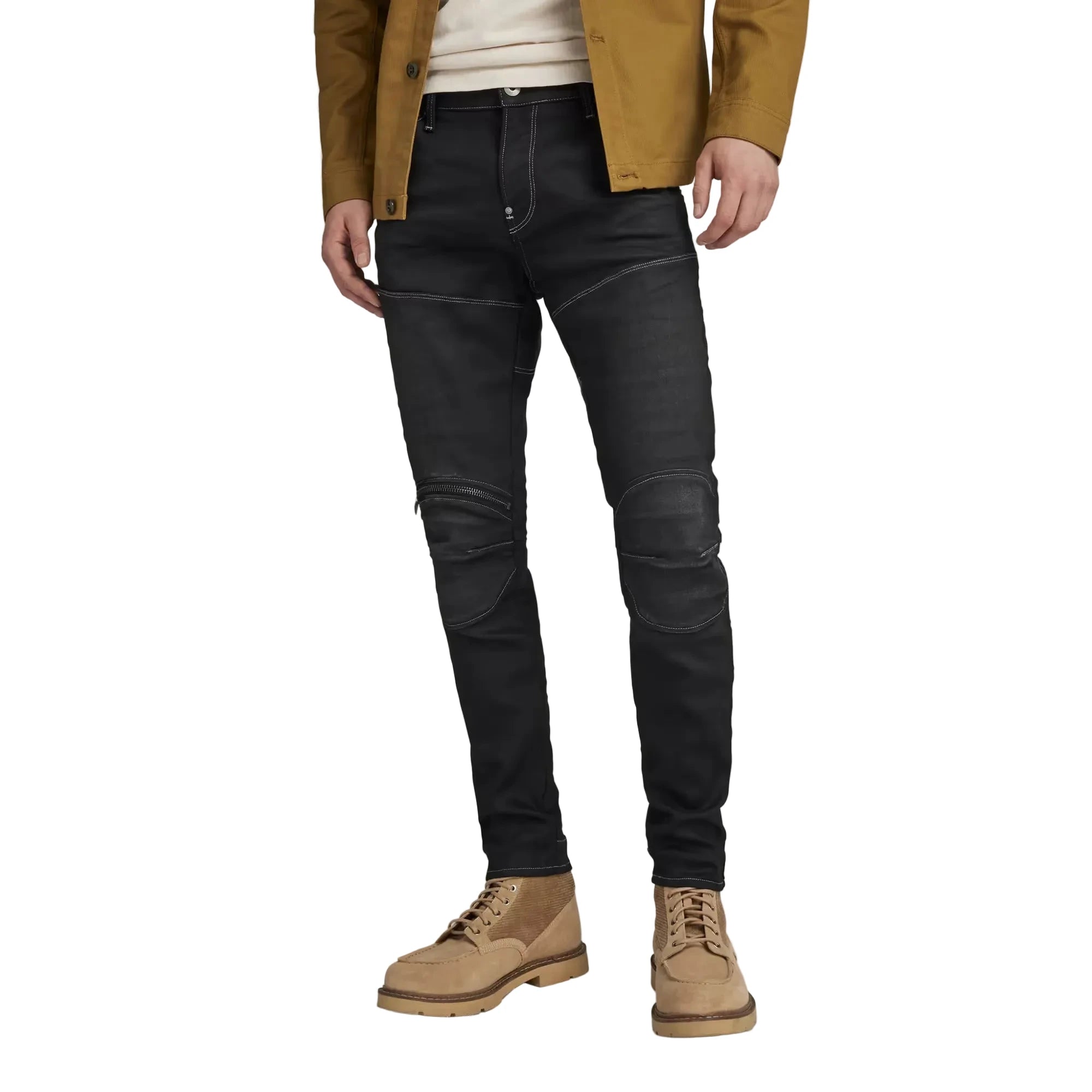 G-Star Elwood zip knee jeans with 3D paneled design, curved knee zip pocket, and stretch denim construction
