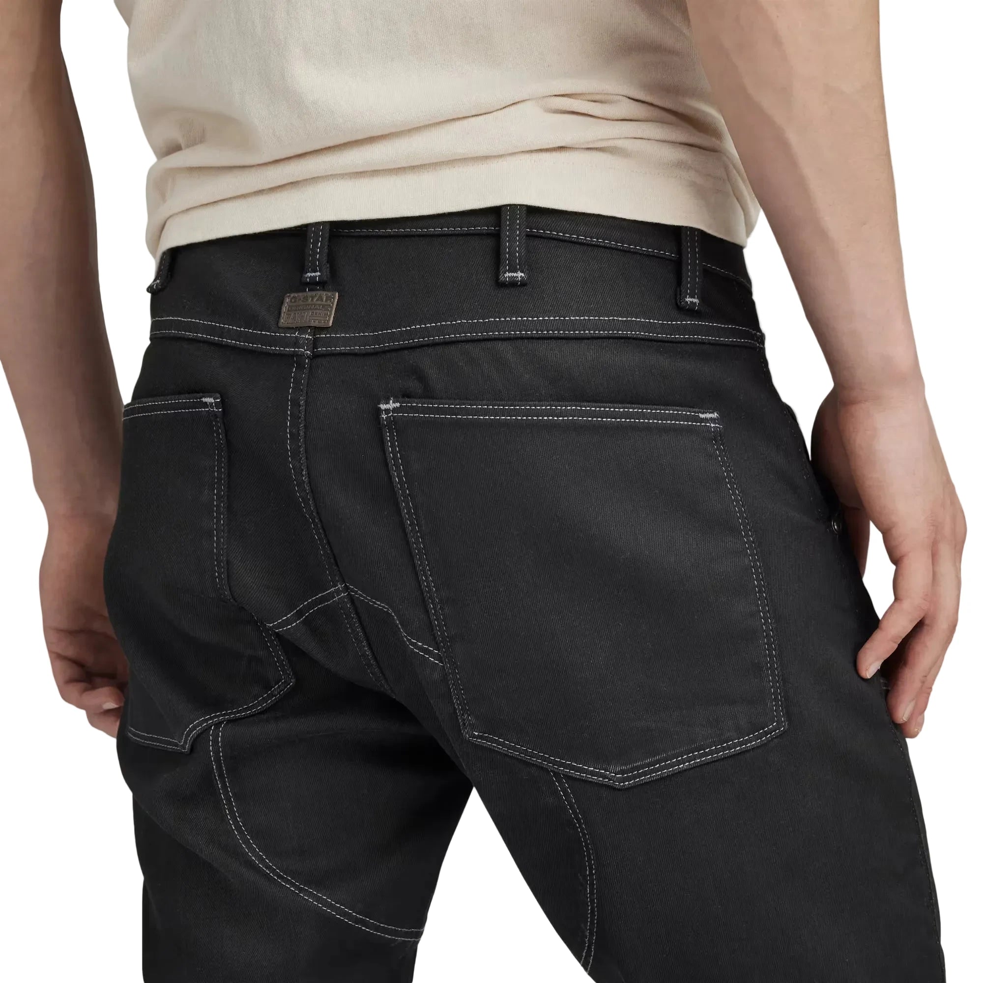 G-Star Elwood zip knee jeans with 3D paneled design, curved knee zip pocket, and stretch denim construction