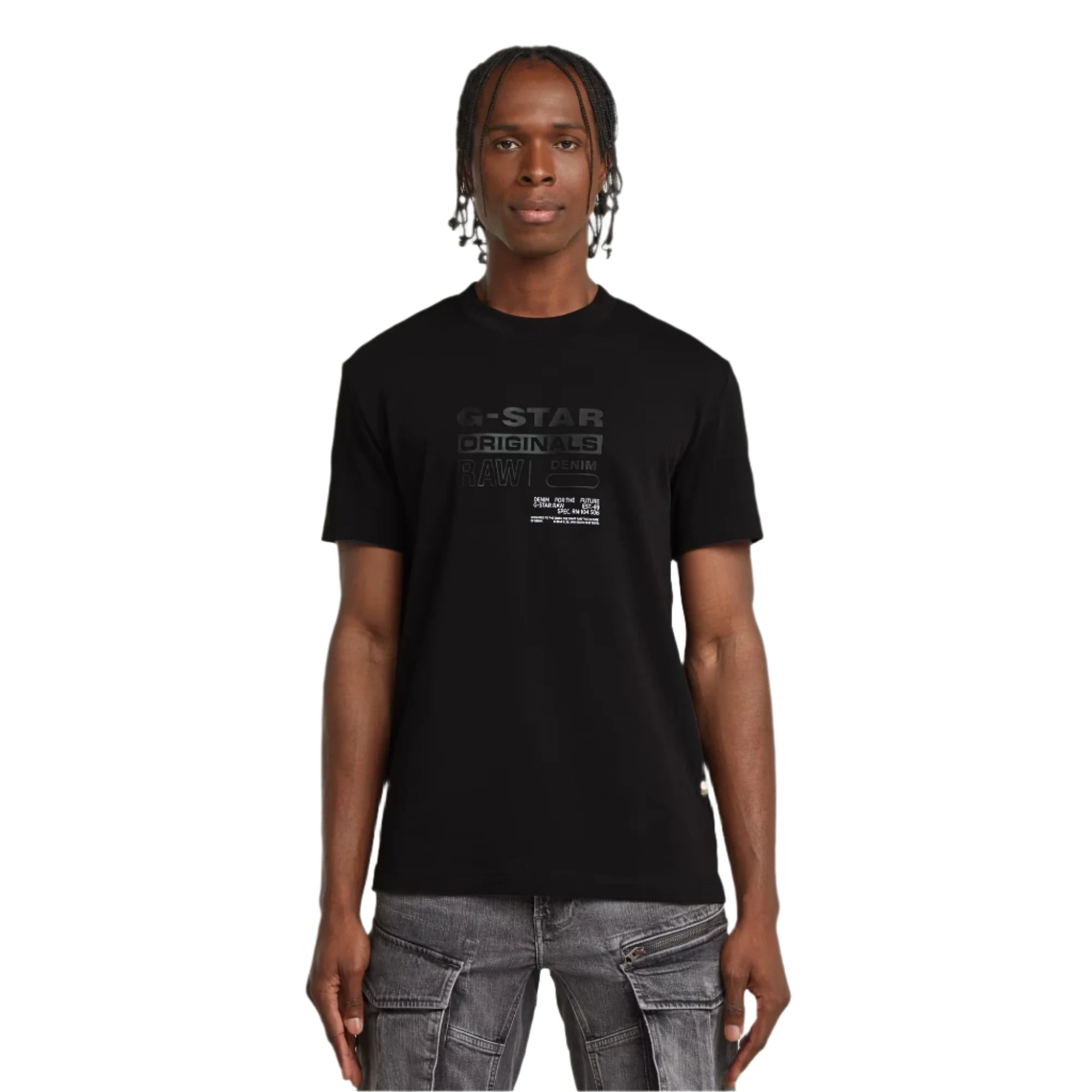 Men's regular fit dark black graphic T-shirt made from organic cotton with G-STAR Originals front print and ribbed round neck