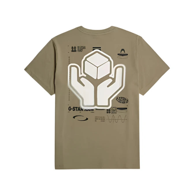 White G-STAR loose fit T-shirt with ribbed round neckline, chest and back graphic prints, and woven label at side seam.