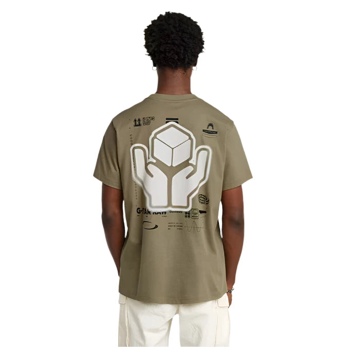 White G-STAR loose fit T-shirt with ribbed round neckline, chest and back graphic prints, and woven label at side seam.