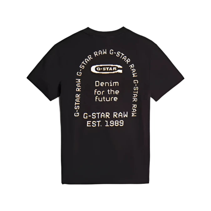 Men's dark black regular fit organic cotton T-shirt with G-STAR graphic print on chest and back, short sleeves, and ribbed neckline