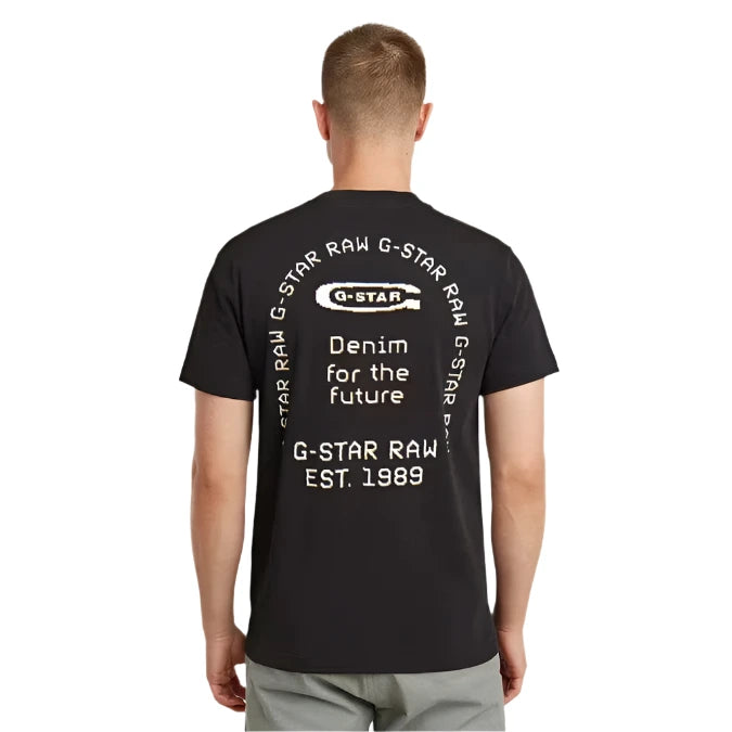 Men's dark black regular fit organic cotton T-shirt with G-STAR graphic print on chest and back, short sleeves, and ribbed neckline