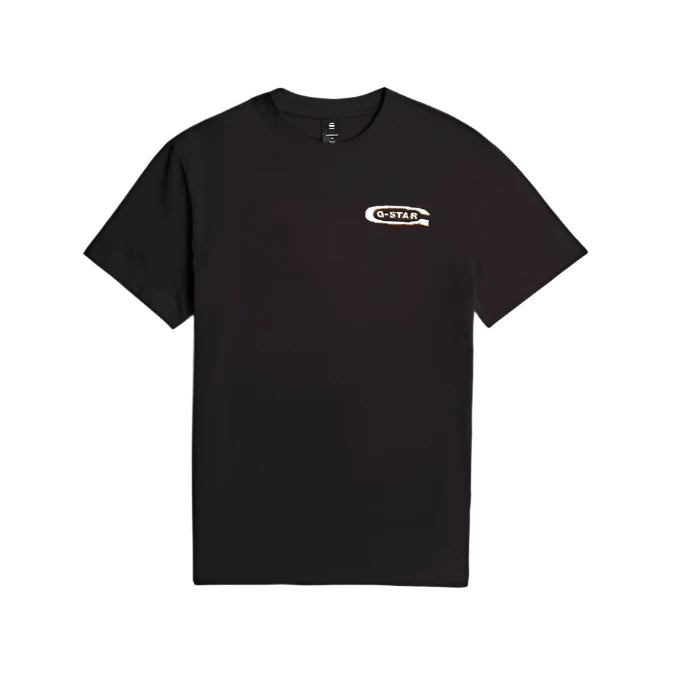 Men's dark black regular fit organic cotton T-shirt with G-STAR graphic print on chest and back, short sleeves, and ribbed neckline