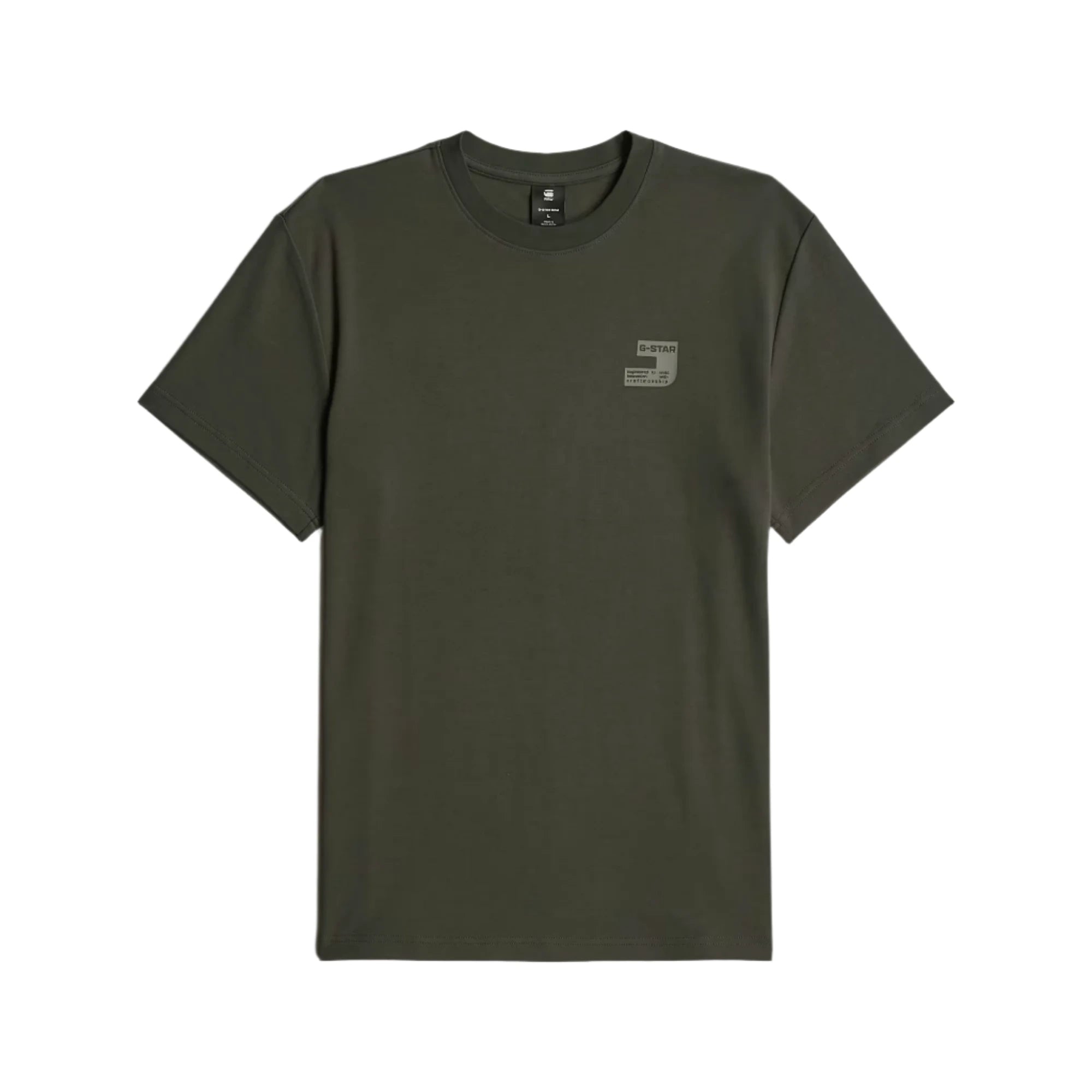 Green t-shirt with a small logo on a light gray background