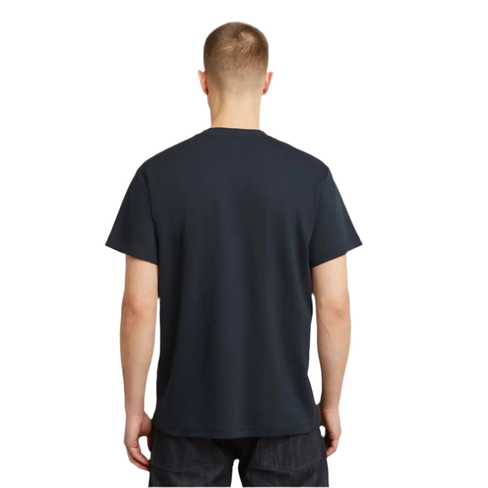 Person wearing a black t-shirt on a white background