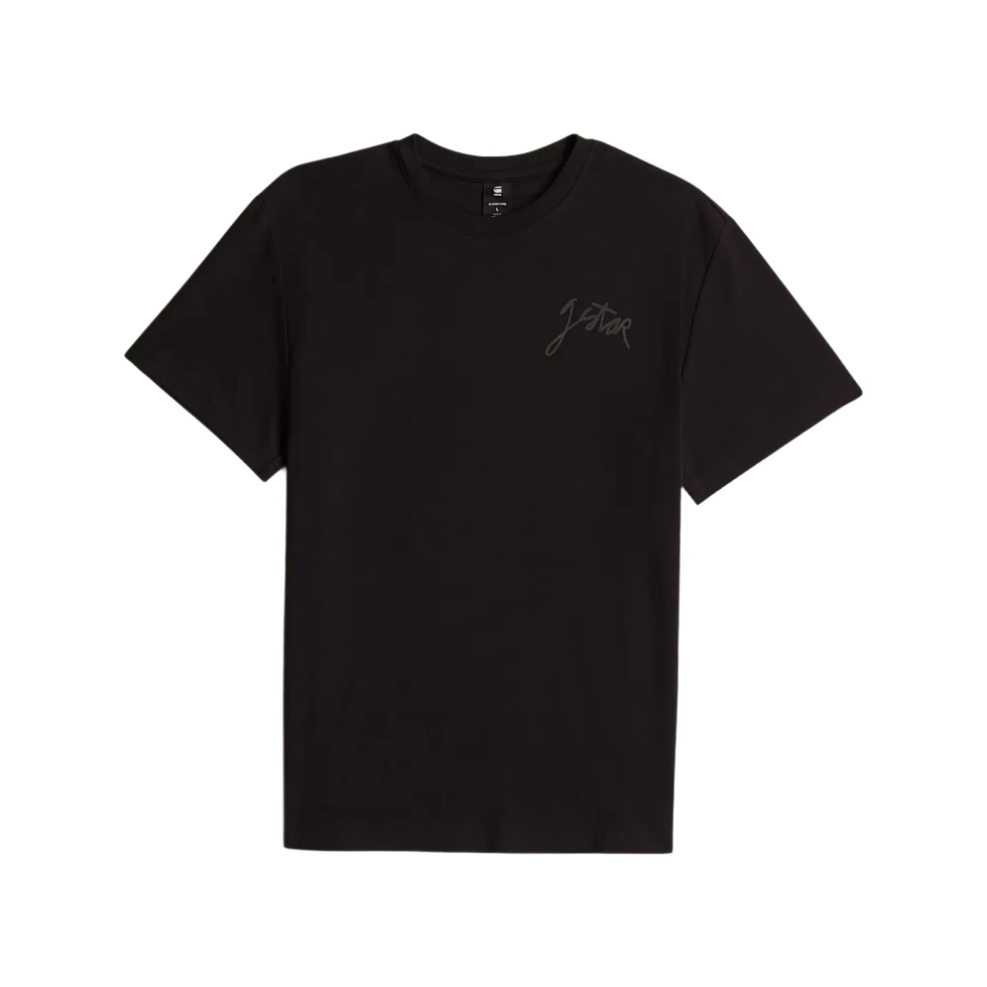 Black t-shirt with a small logo on a light gray background