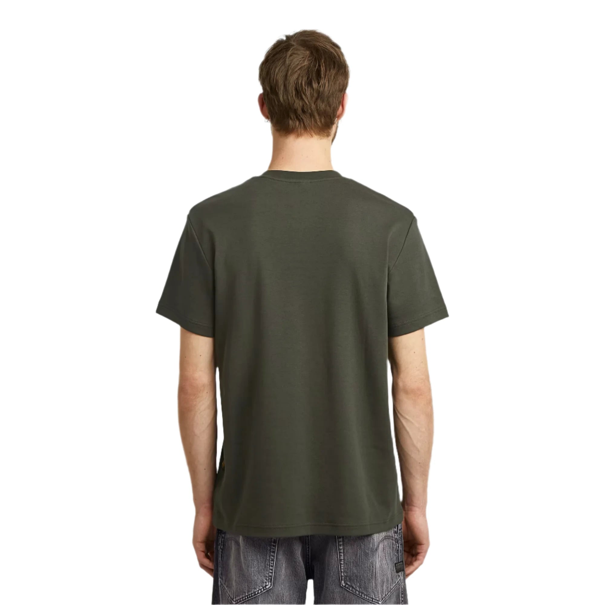 Person wearing a dark green t-shirt on a light gray background