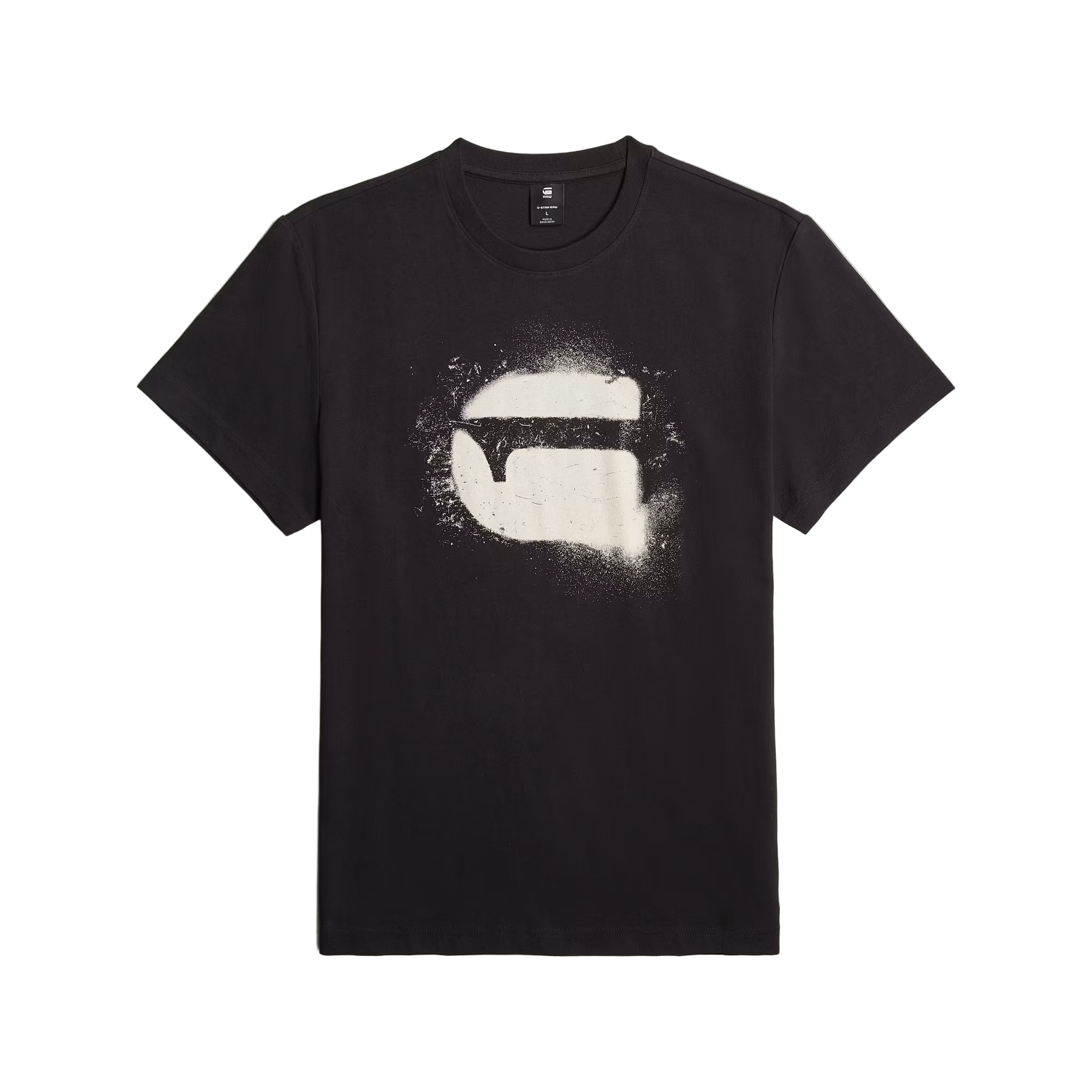 Black t-shirt with a white graphic design on a light gray background