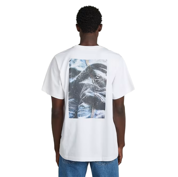  White knee patch loose fit T-shirt with round neck and large back graphic print