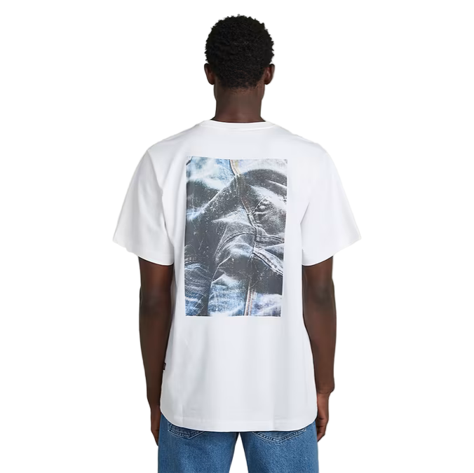  White denim loose fit T-shirt with round neck and bold back graphic print