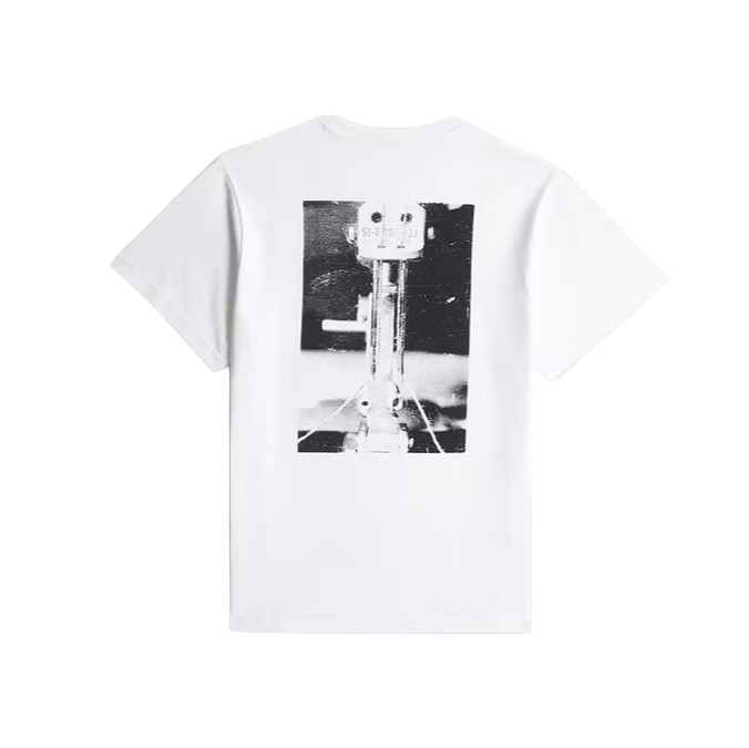  White loose-fit T-shirt with round neck and sewing machine graphic print on the back