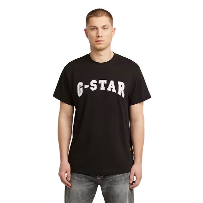Black t-shirt with 'G-STAR' text on a light gray background
