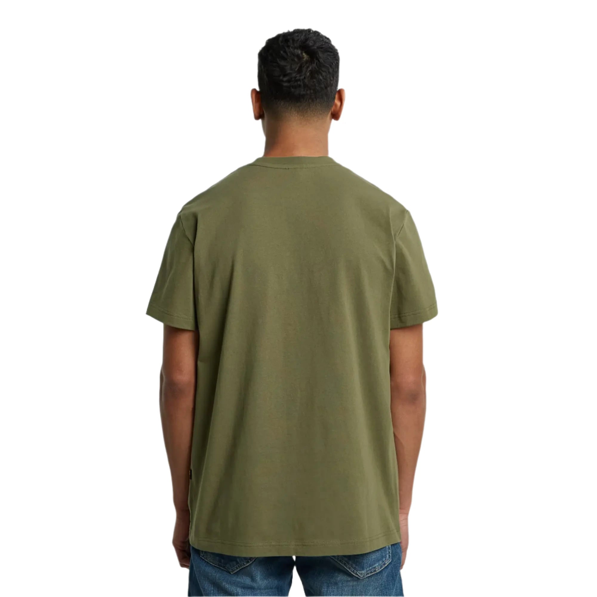 Person wearing an olive green t-shirt on a plain background