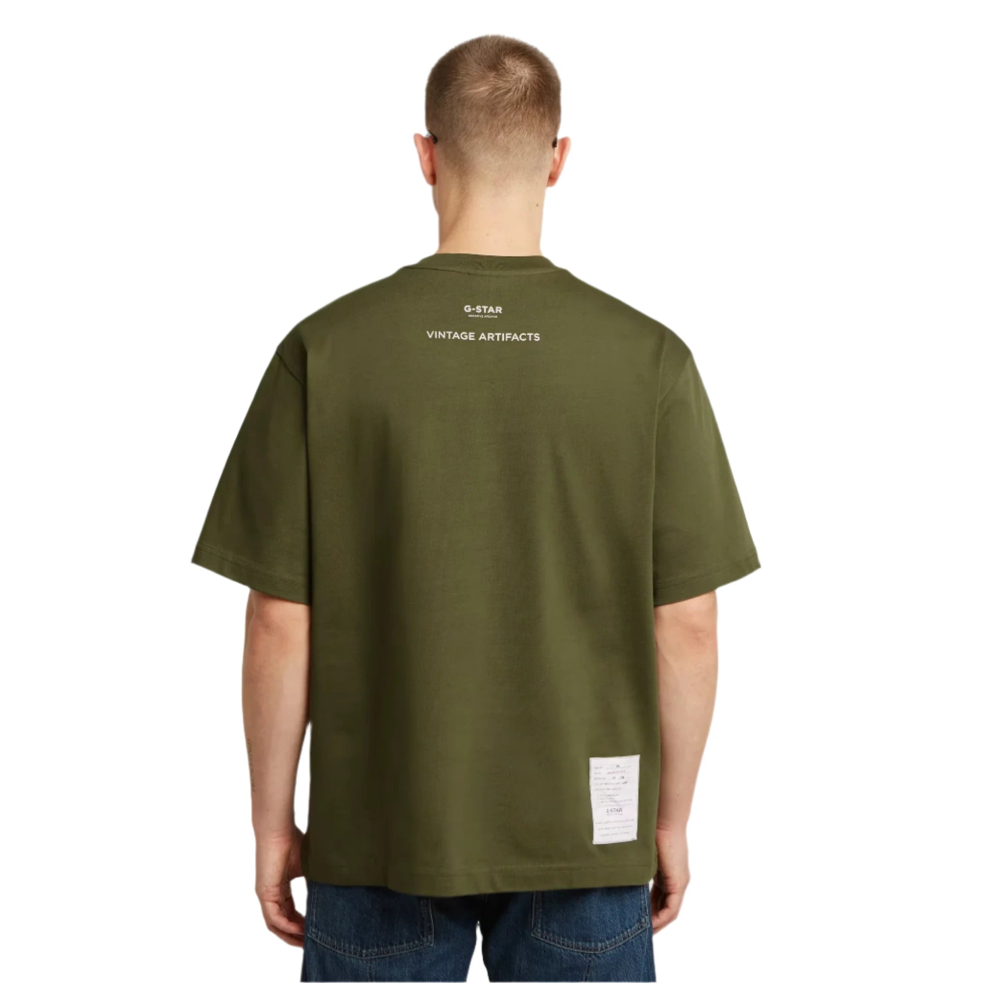 Shadow Olive G-STAR Artifacts Boxy T-Shirt with oversized fit and graphic design on front and back.