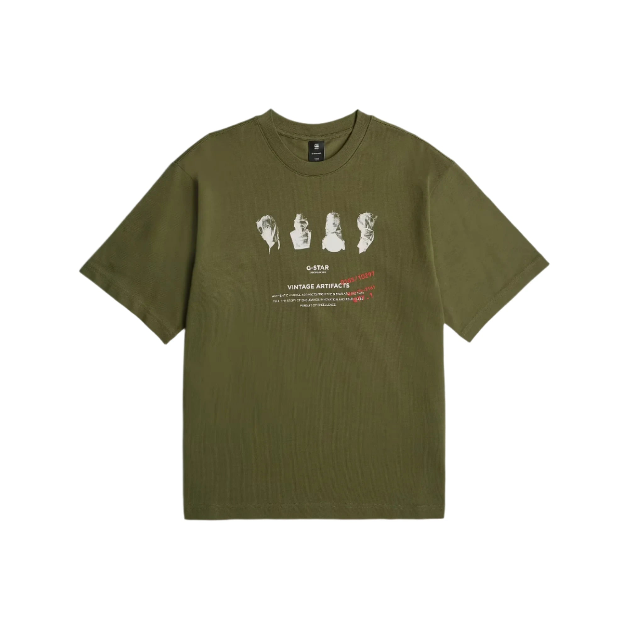 Shadow Olive G-STAR Artifacts Boxy T-Shirt with oversized fit and graphic design on front and back.