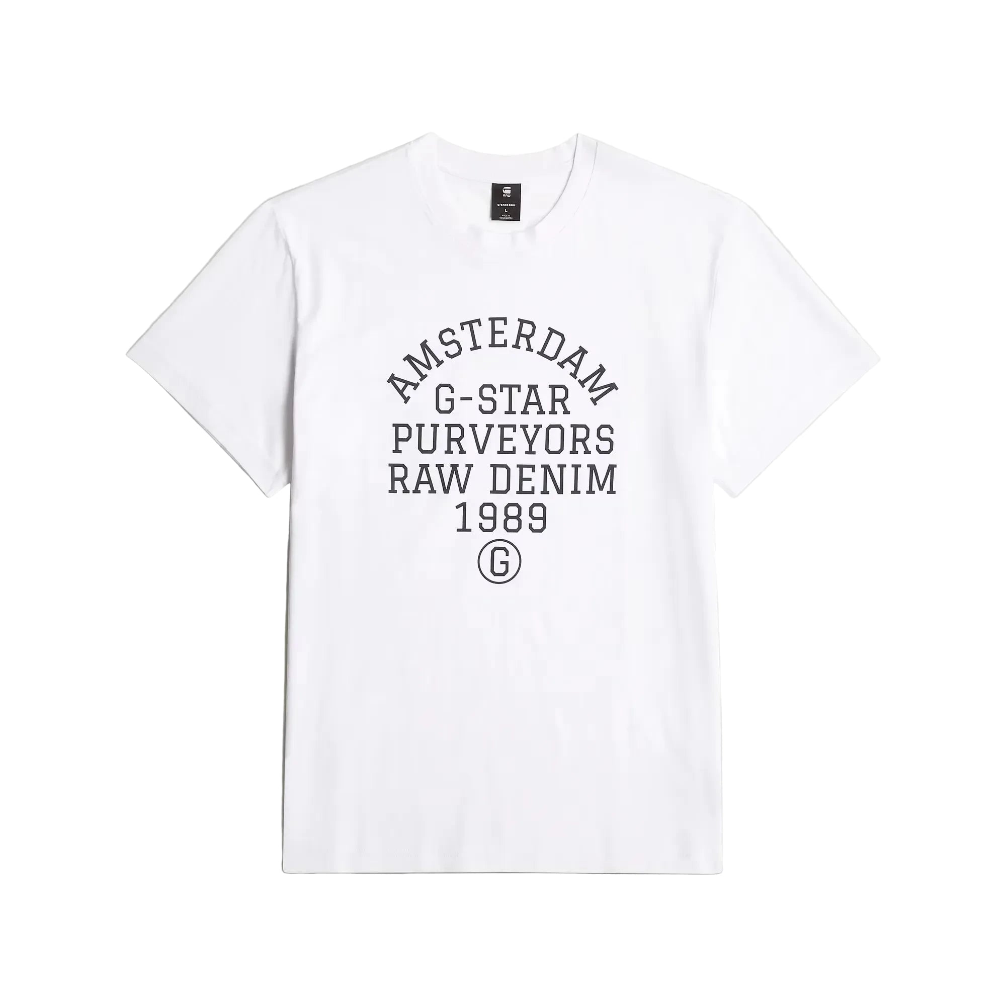 Purveyors T-shirt in white with a round neck and graphic print on the front.