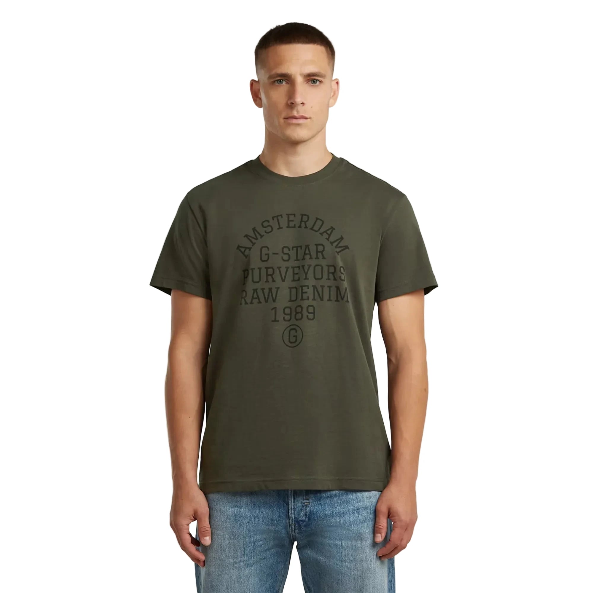 Purveyors T-shirt in asfalt color with a round neck and graphic detail on the front.