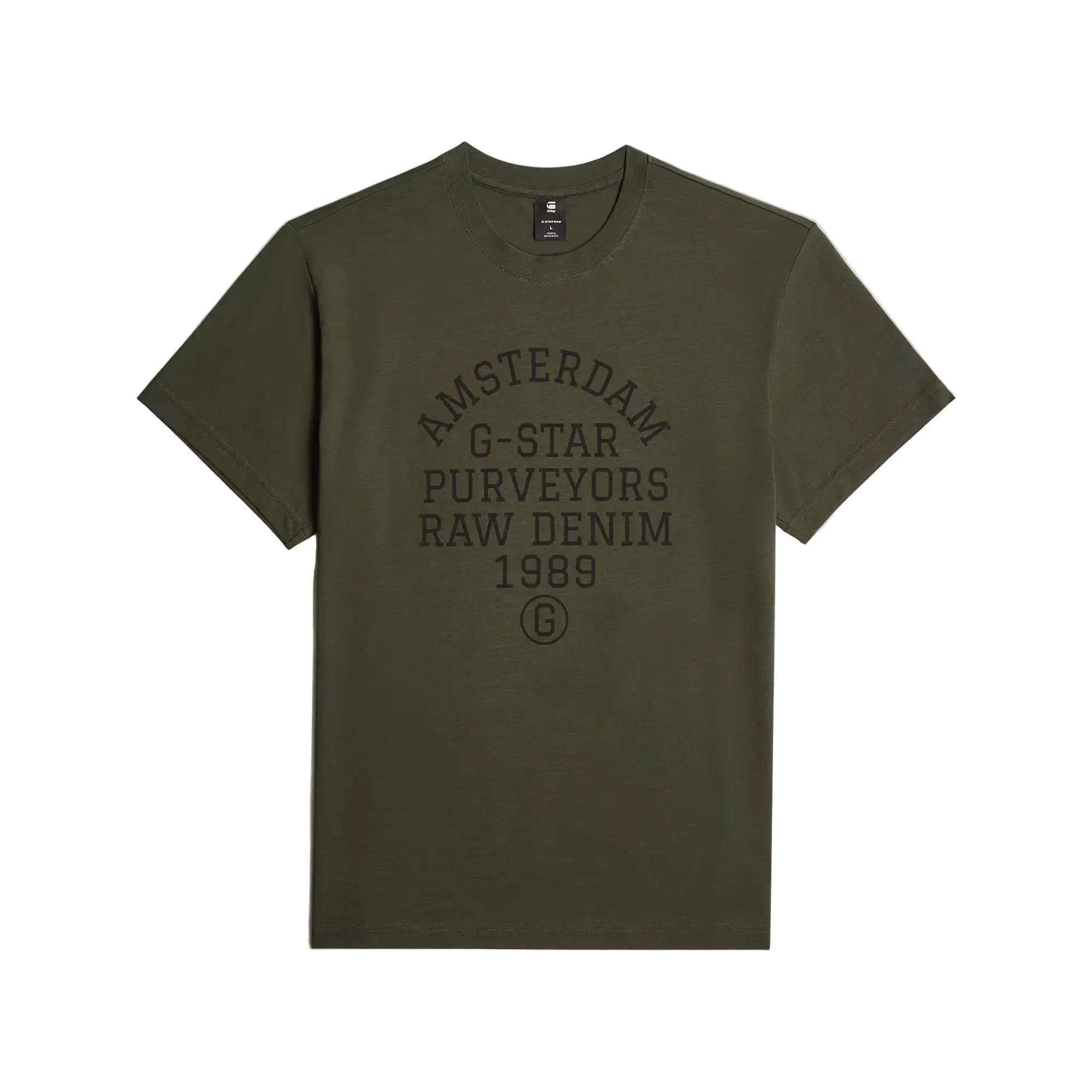 Purveyors T-shirt in asfalt color with a round neck and graphic detail on the front.