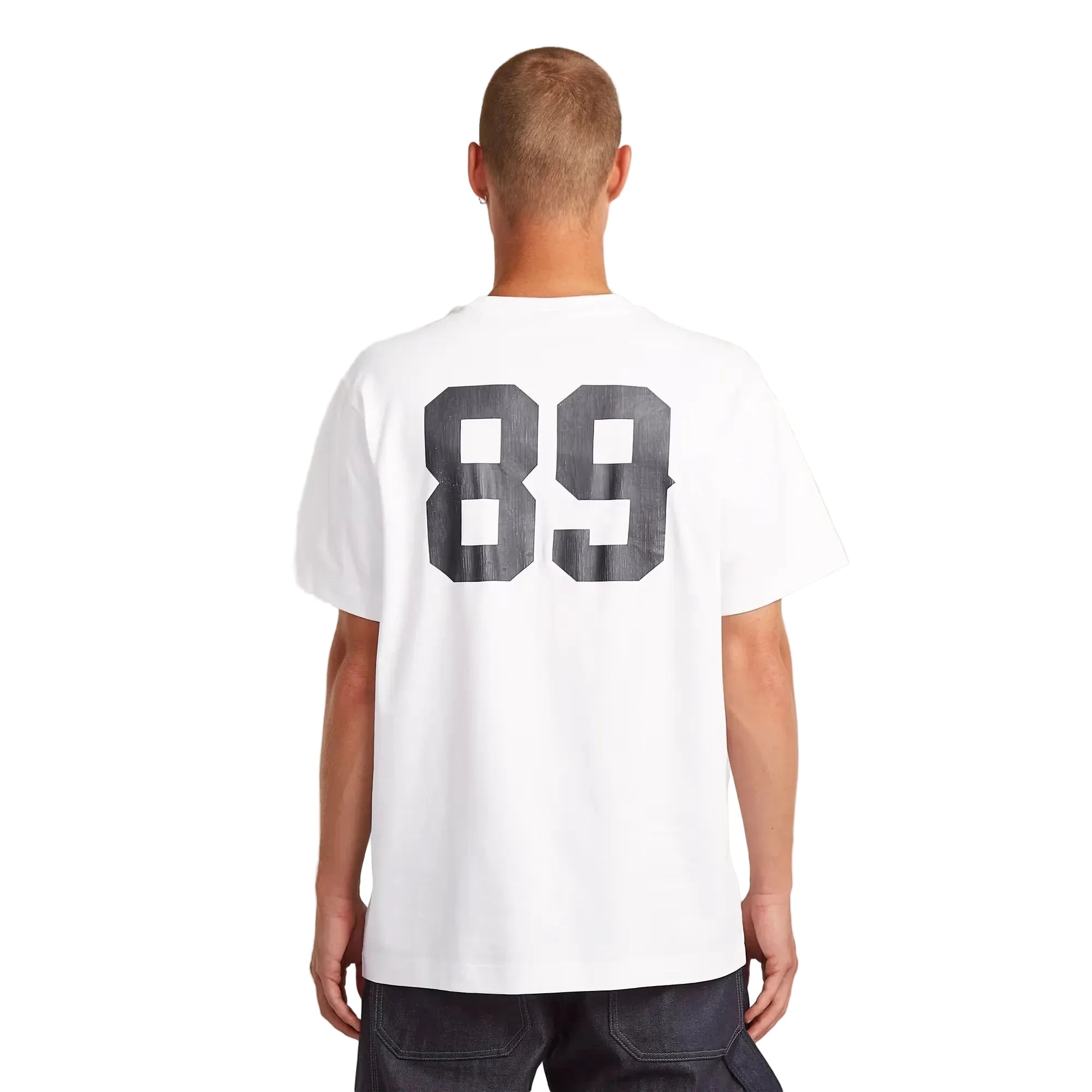 89 Back Graphic Loose T-shirt in white with graphic prints on the front and back.