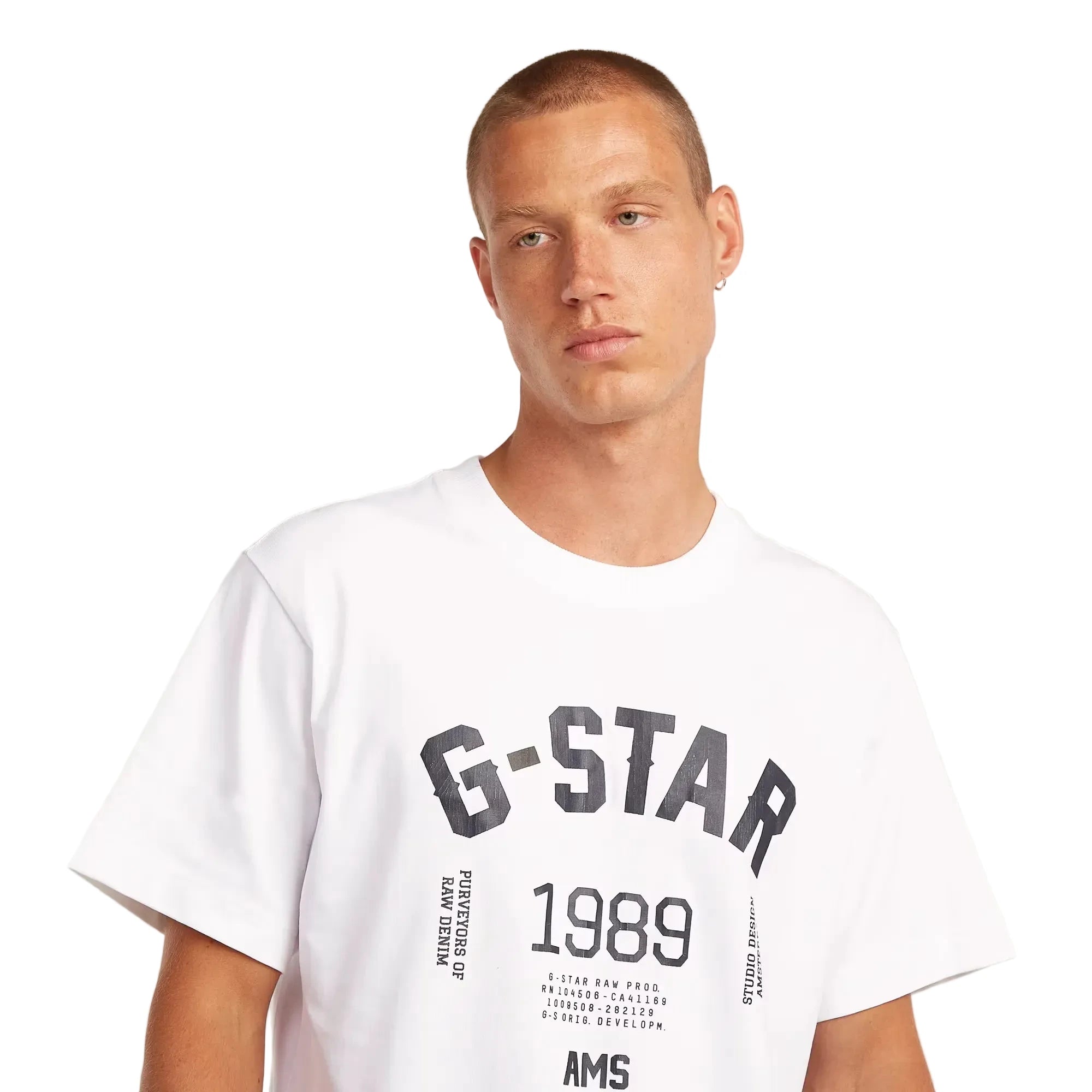 89 Back Graphic Loose T-shirt in white with graphic prints on the front and back.