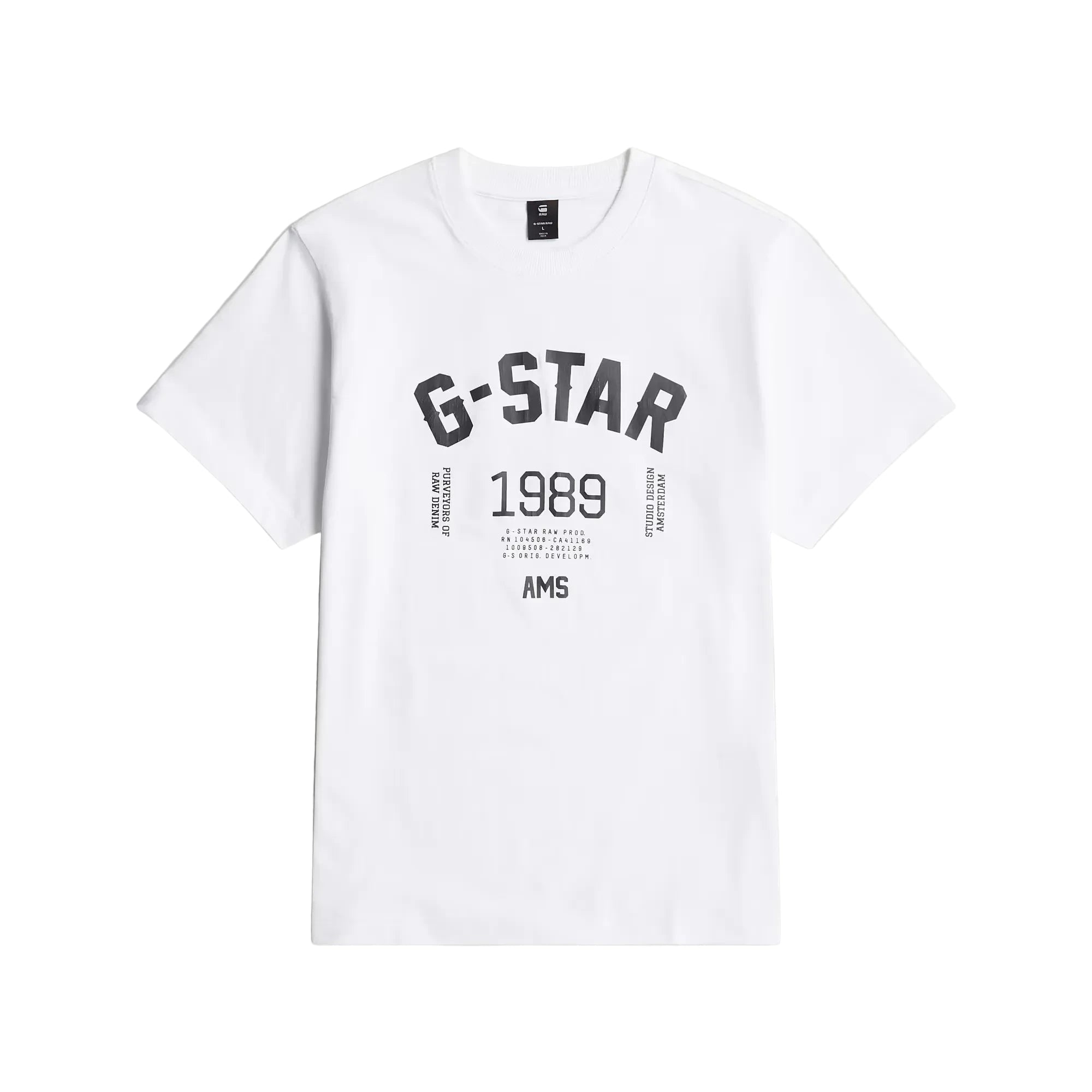 89 Back Graphic Loose T-shirt in white with graphic prints on the front and back.