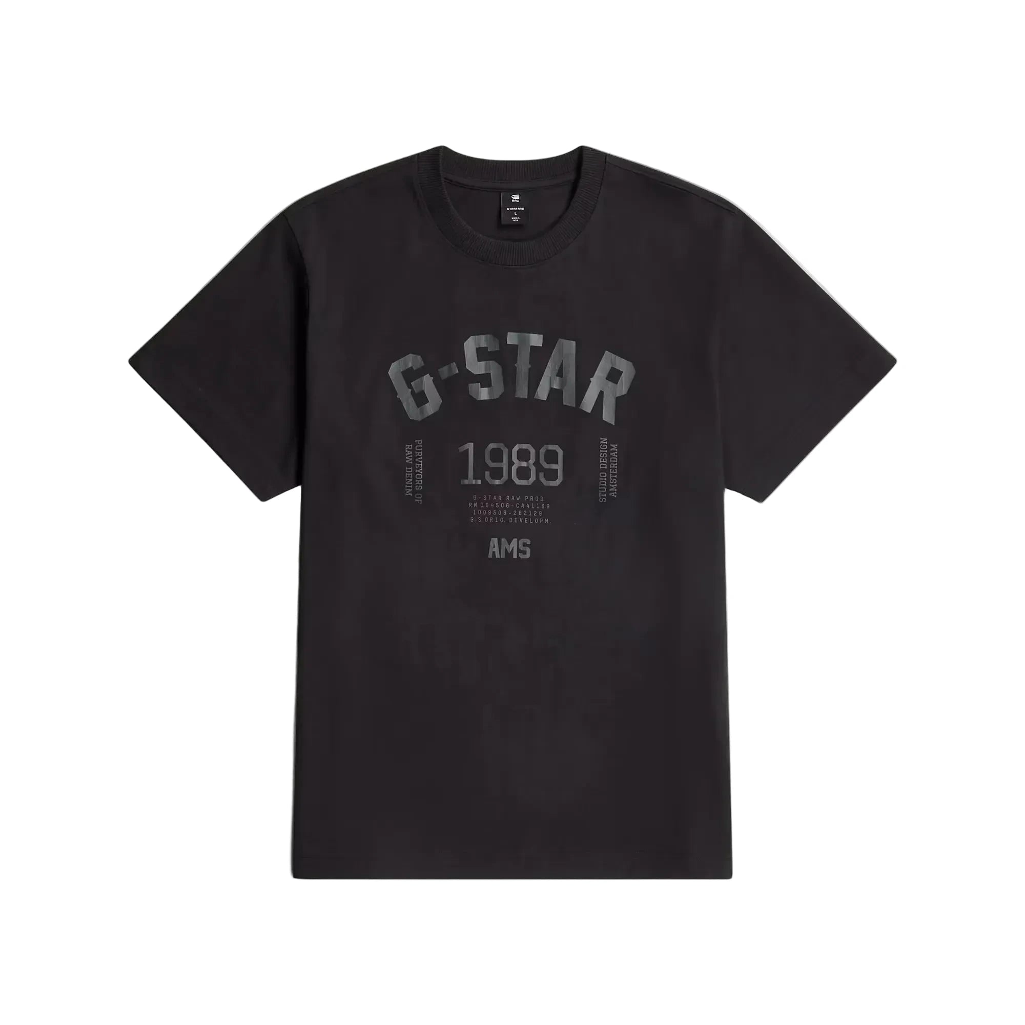 89 Back Graphic Loose T-shirt in dark black with graphic prints on the front and back.