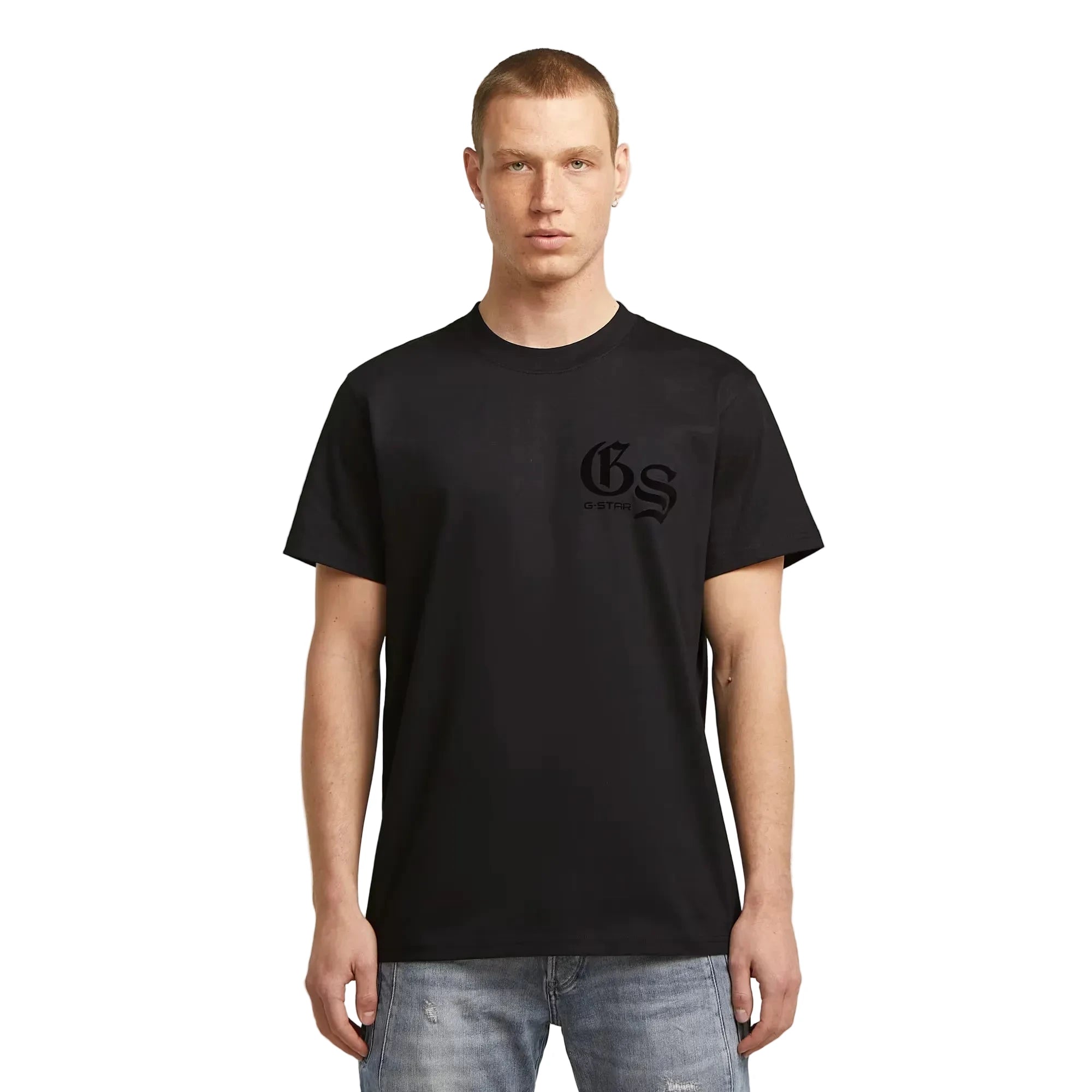 Flock Back Loose T-shirt in dark black with a bold graphic design on the back.