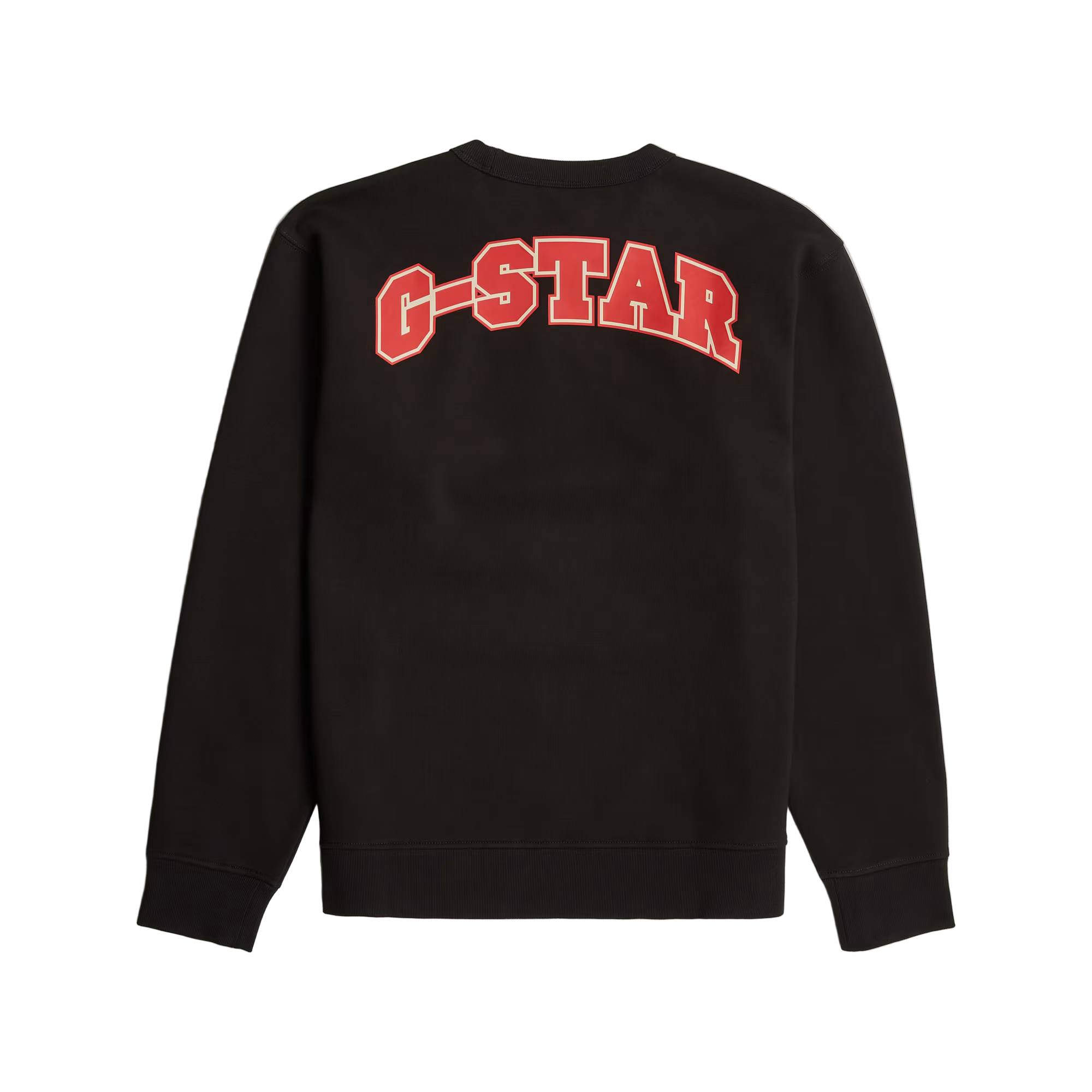 Running Dog Back Graphic Sweater in dark black with front and back graphic prints, round neck, and ribbed details.