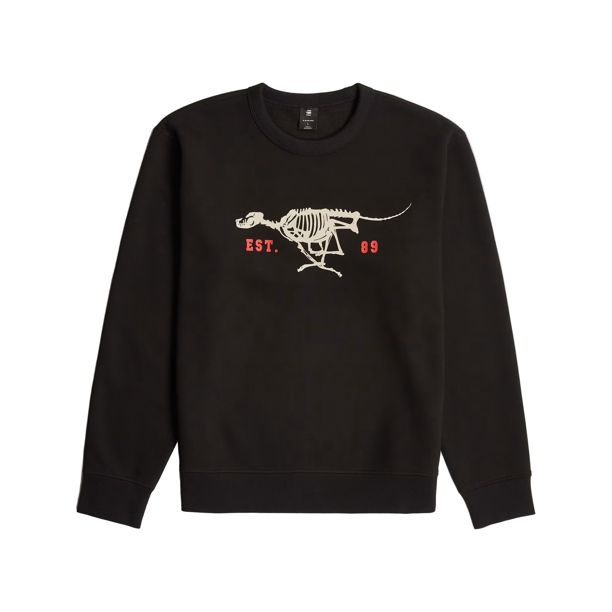Running Dog Back Graphic Sweater in dark black with front and back graphic prints, round neck, and ribbed details.