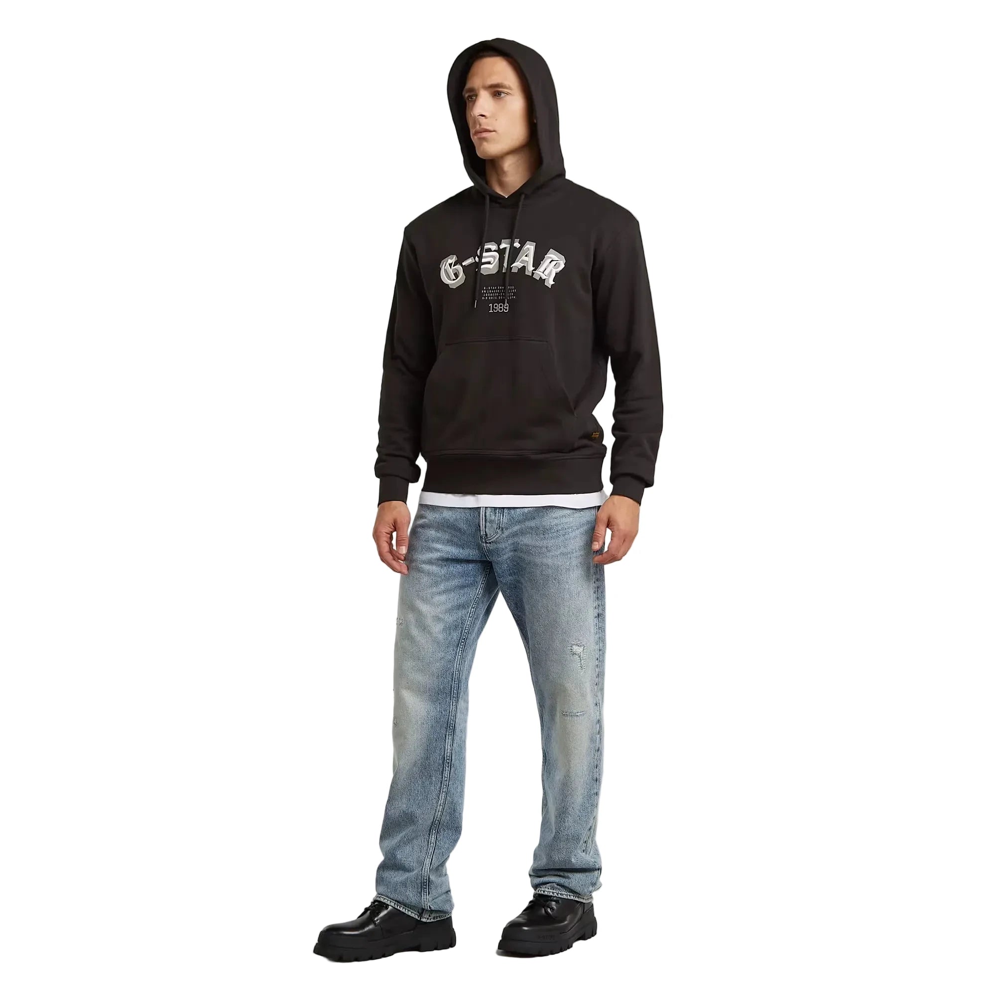 Embro Logo HB Hoodie Sweater in dark black with a hood, drawstring closure, embroidered logo, and kangaroo pocket.