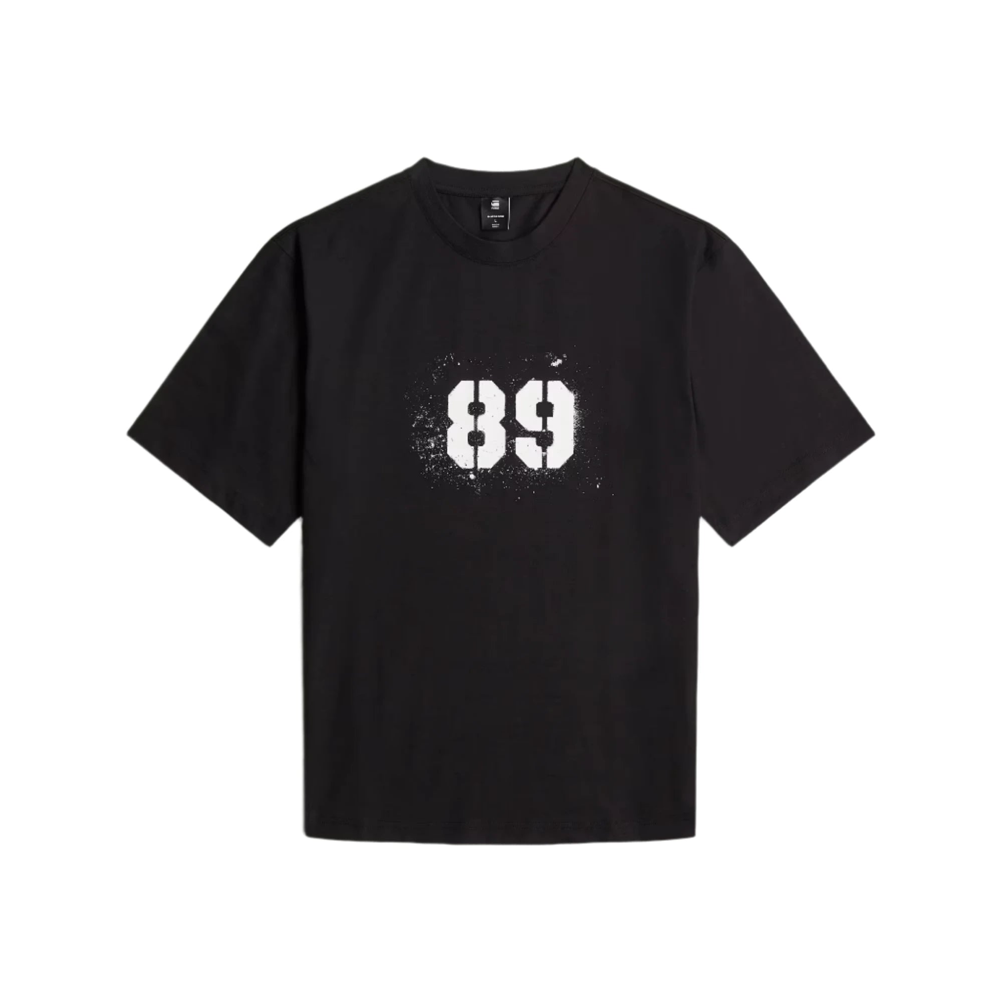 Black t-shirt with white number '89' on a light gray background