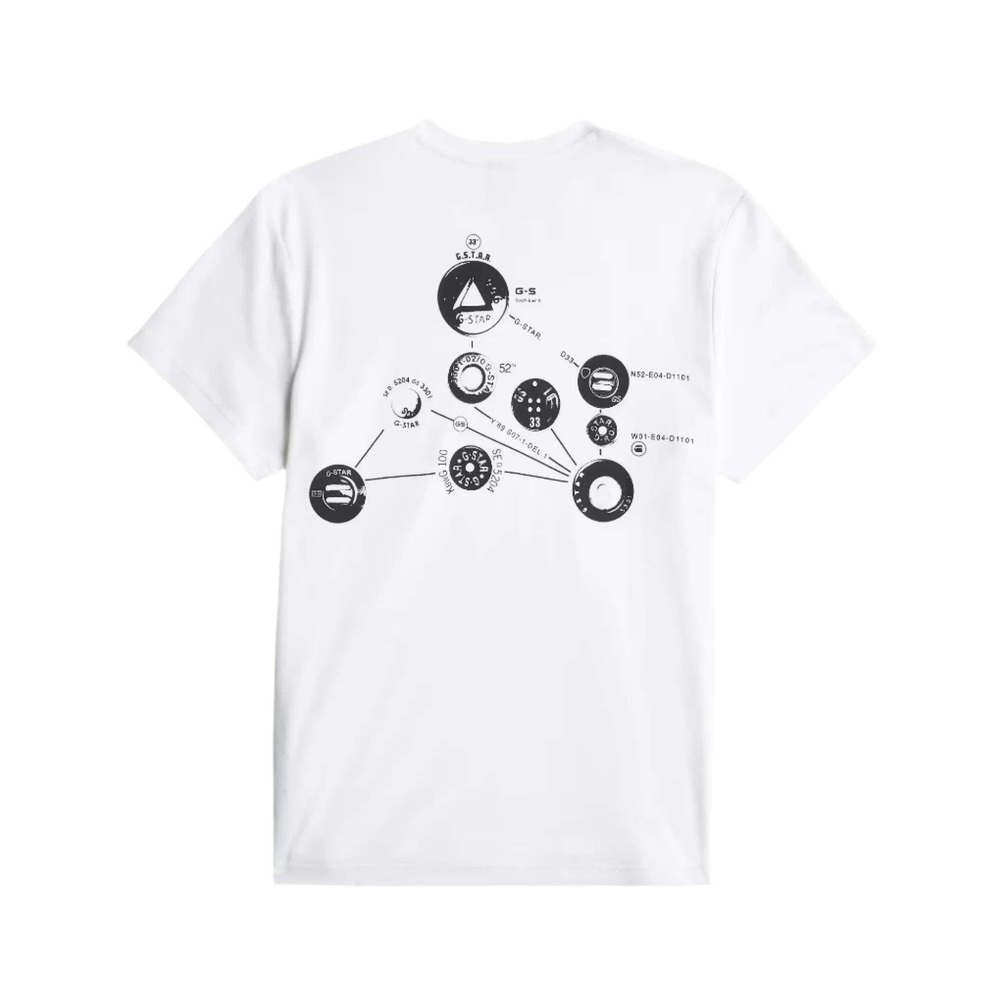 White t-shirt with black graphic design on a light gray background