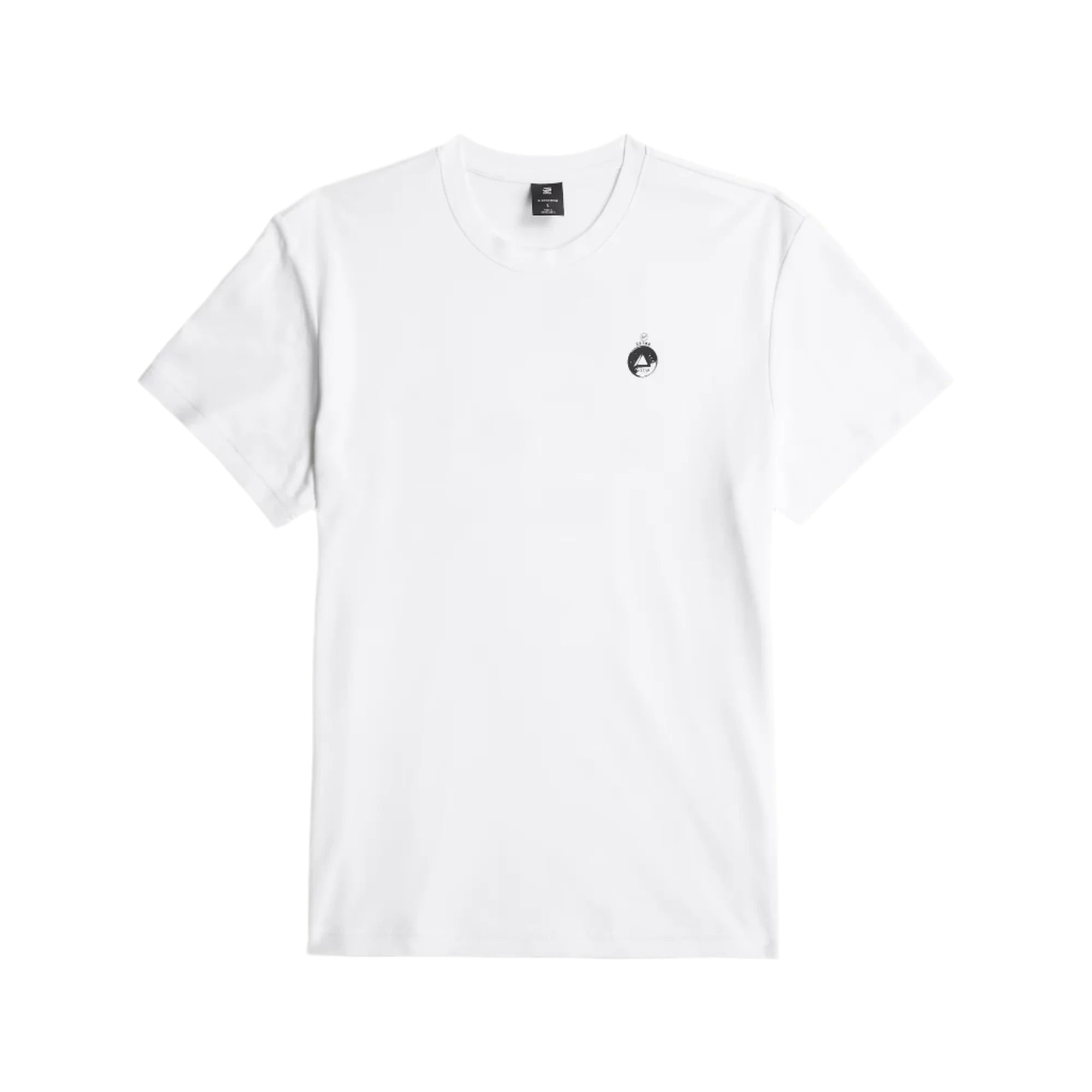 White t-shirt with a small black logo on a gray background