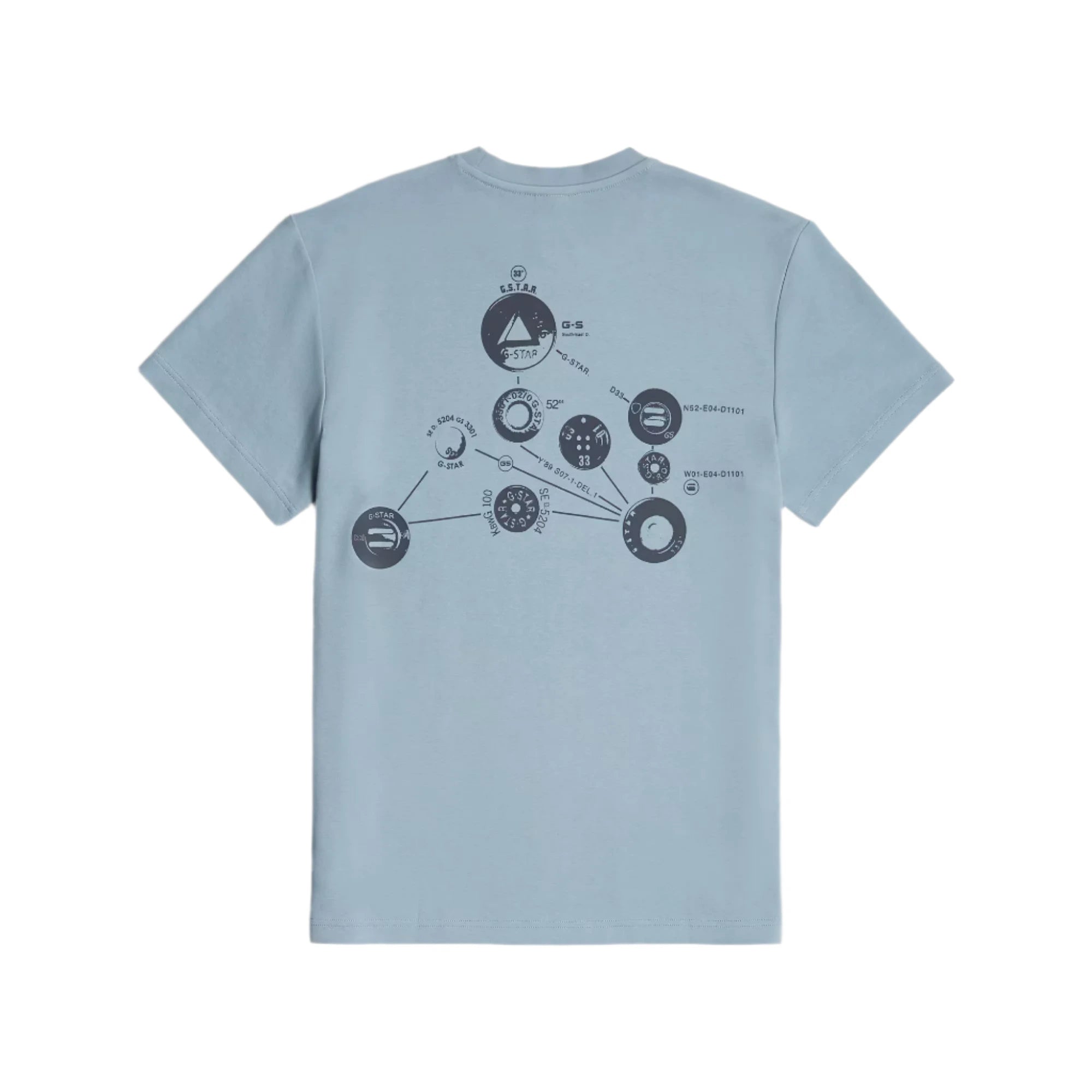 Light blue t-shirt with black graphic design on a light gray background