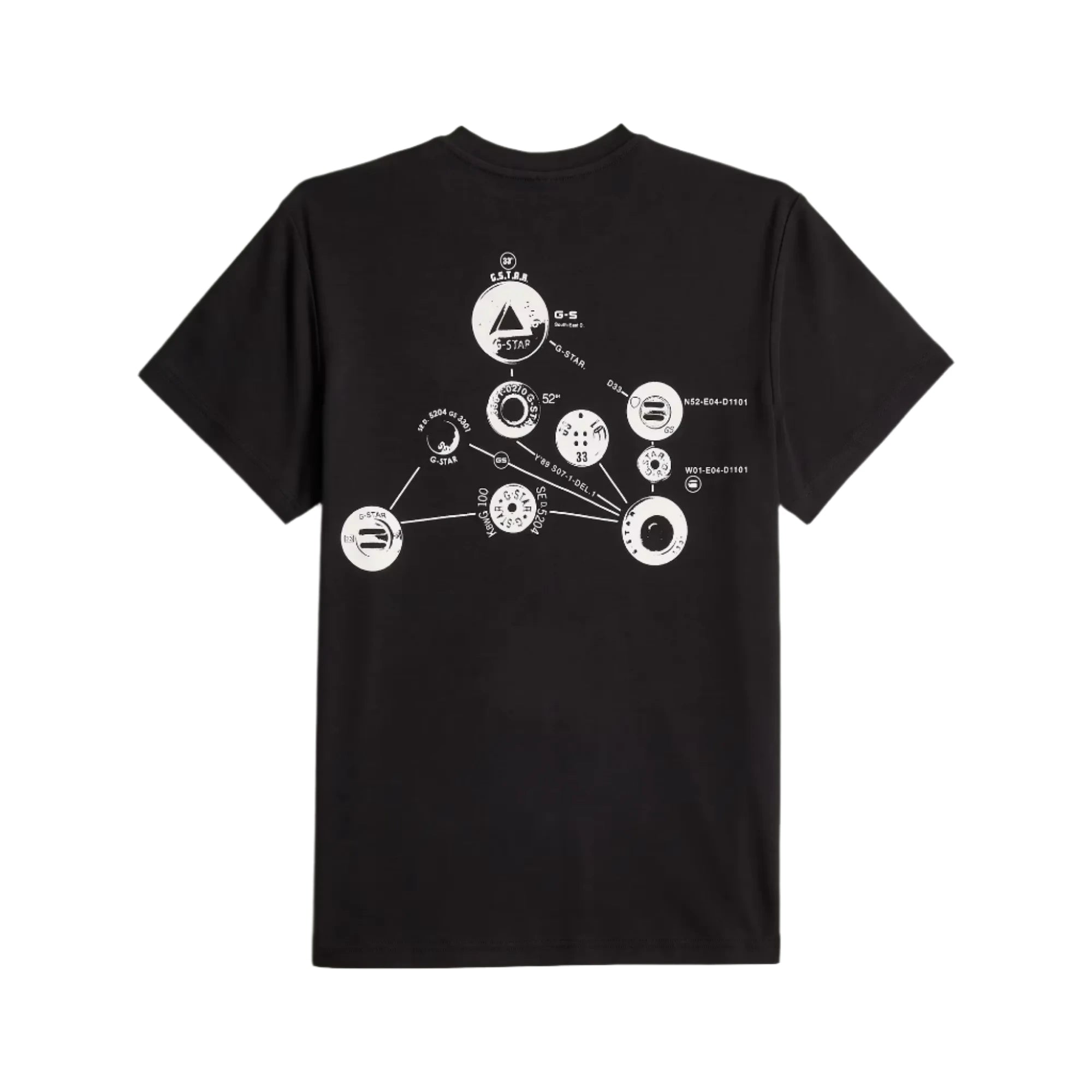 Black t-shirt with white graphic design on a light gray background