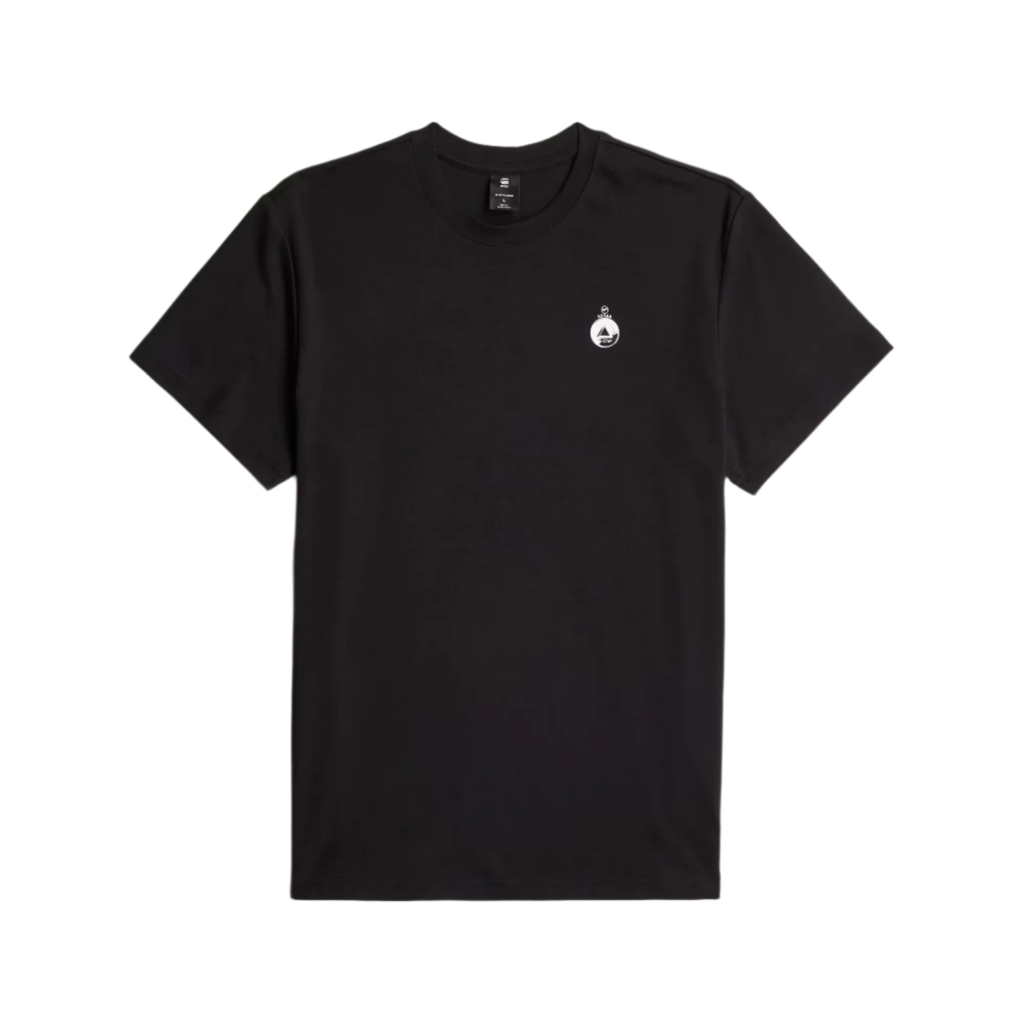 Black t-shirt with a small white logo on a light gray background