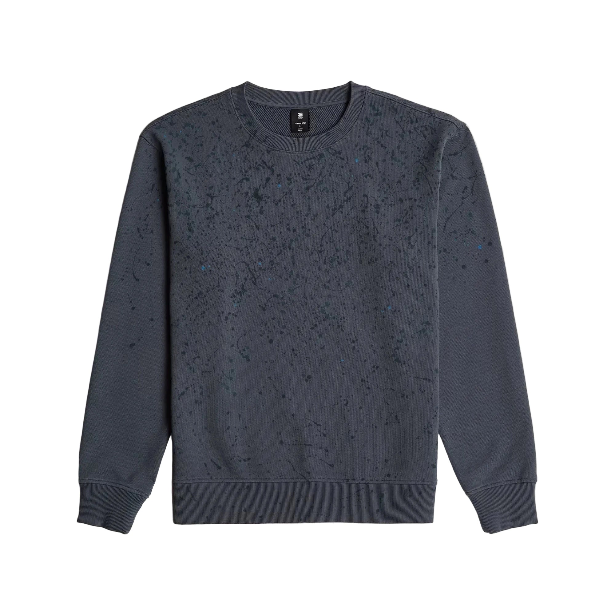 Paint Splatter Relaxed Sweater in India Ink with artistic paint splatter design.