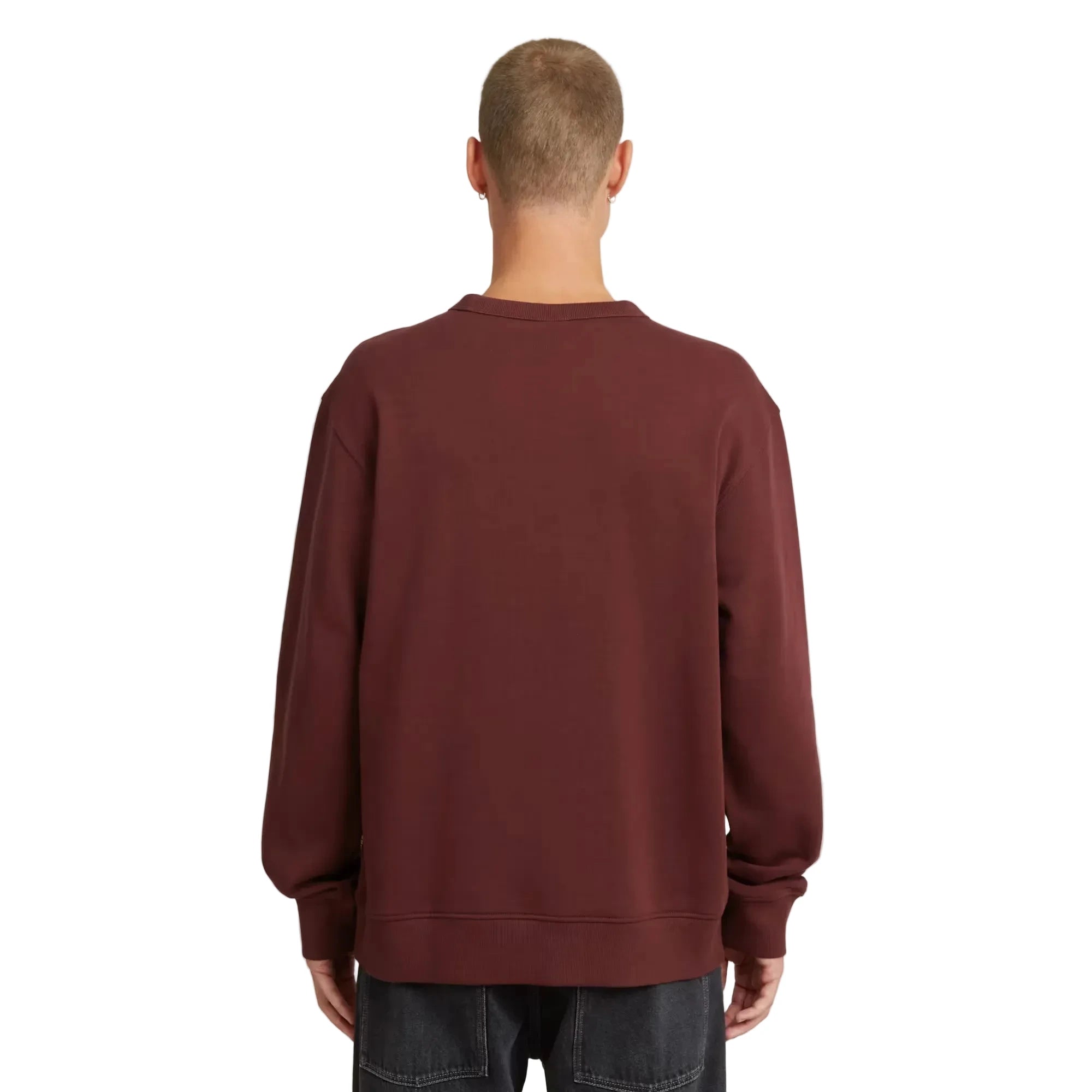 Applique sweater in port red with a round neck and graphic design.