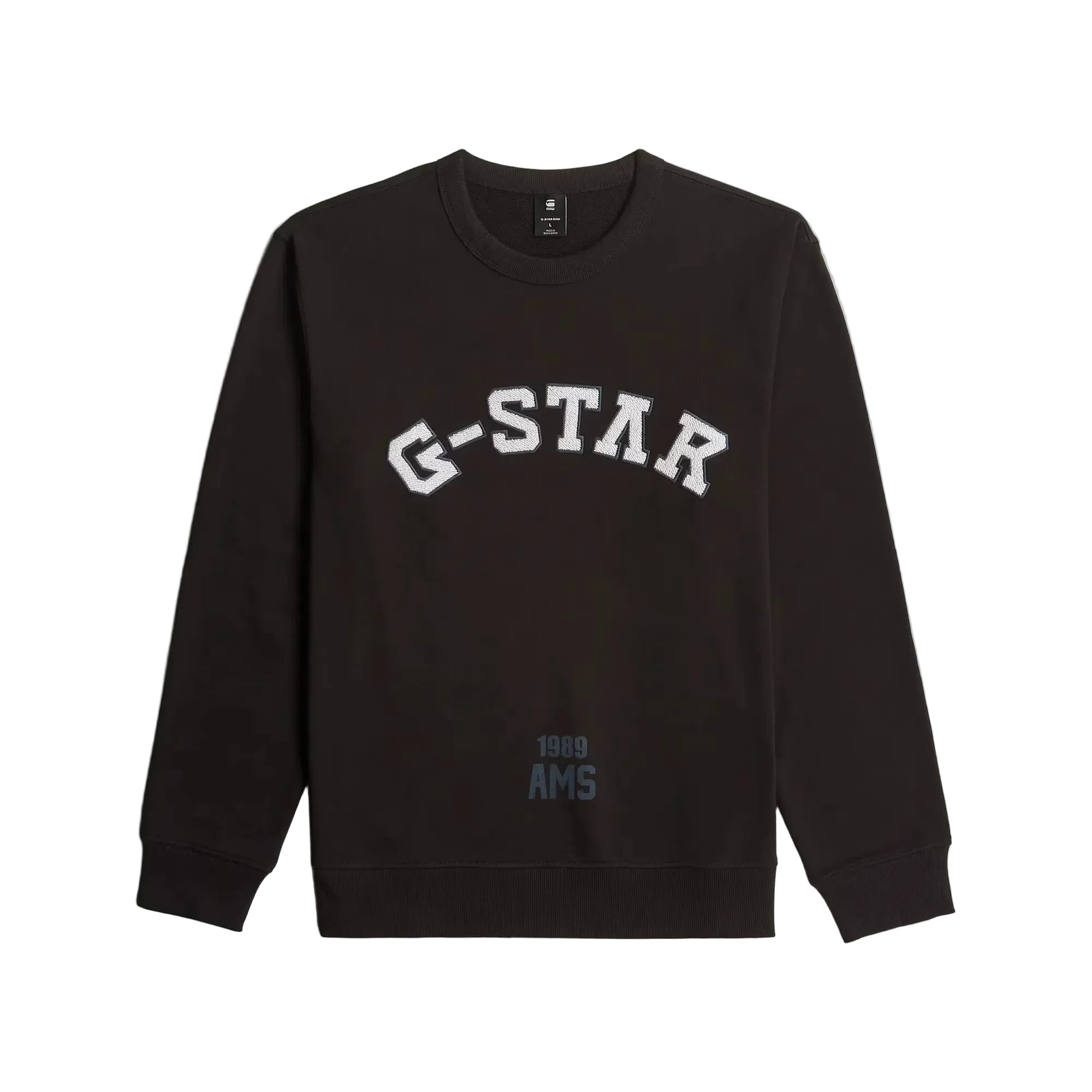 Applique sweater in dark black with a chest applique graphic and ribbed cuffs and hem.