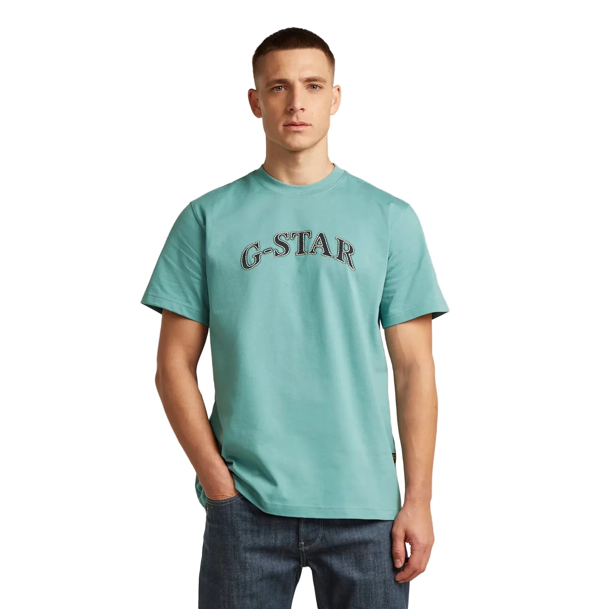 G-Star Dial Graphic Tee in mineral blue with round neck, short sleeves, and lightweight organic cotton fabric