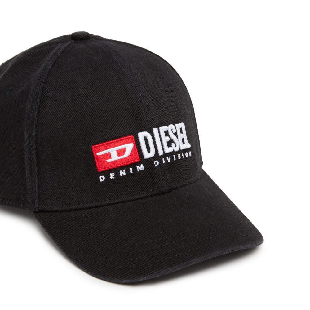 diesel denim division cotton twill baseball hat with faded finish and embroidered logo laid flat