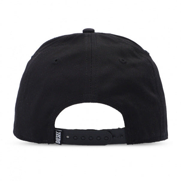 diesel c-rune black cotton baseball cap with black and white logo patch laid flat