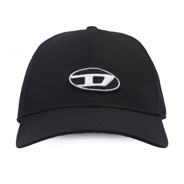 diesel c-rune black cotton baseball cap with black and white logo patch laid flat