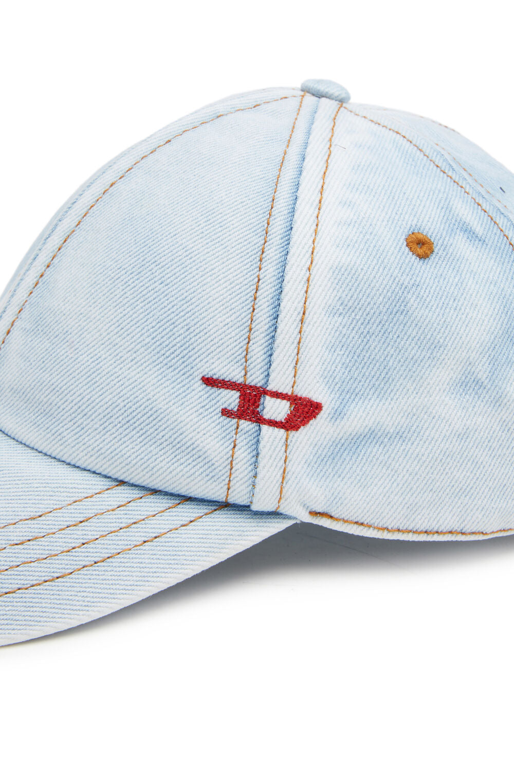 light blue diesel denim baseball cap with red d embroidery and tobacco stitching laid flat
